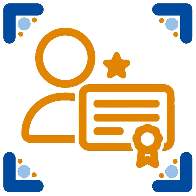 Ícone com senha, estrela, certificação e componentes decorativos em azul nas bordas.