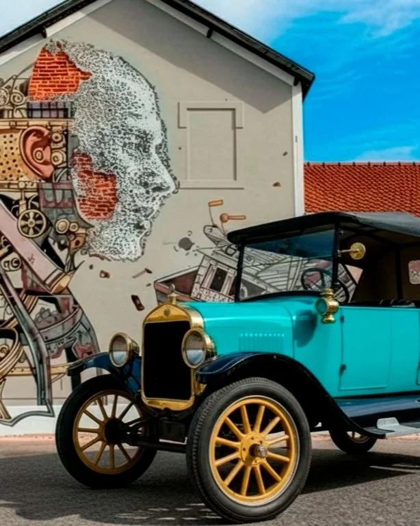 Carro antigo azul com rodas amarelas estacionado na rua diante de uma parede de casa com uma montagem de uma face em estilo de arte mural.