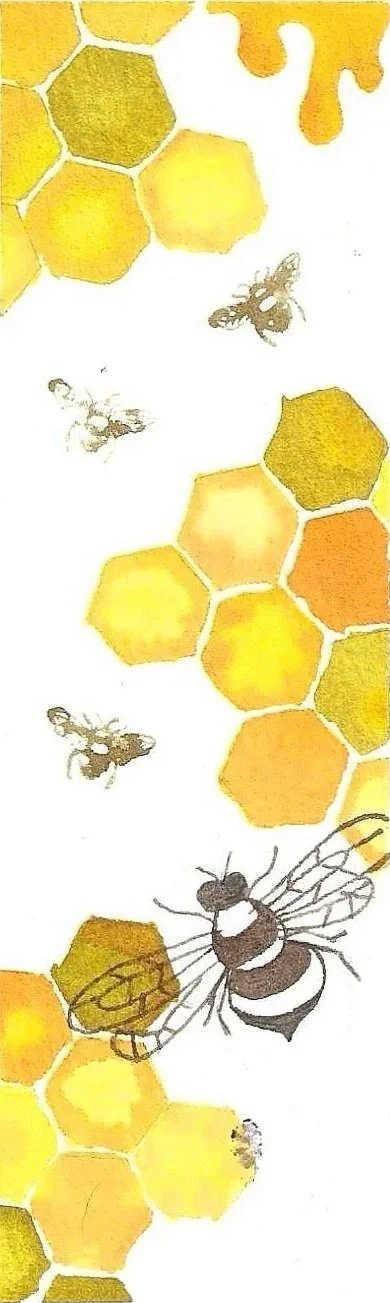 Illustration of honeycomb cells with bees and a honeybee at the bottom.
