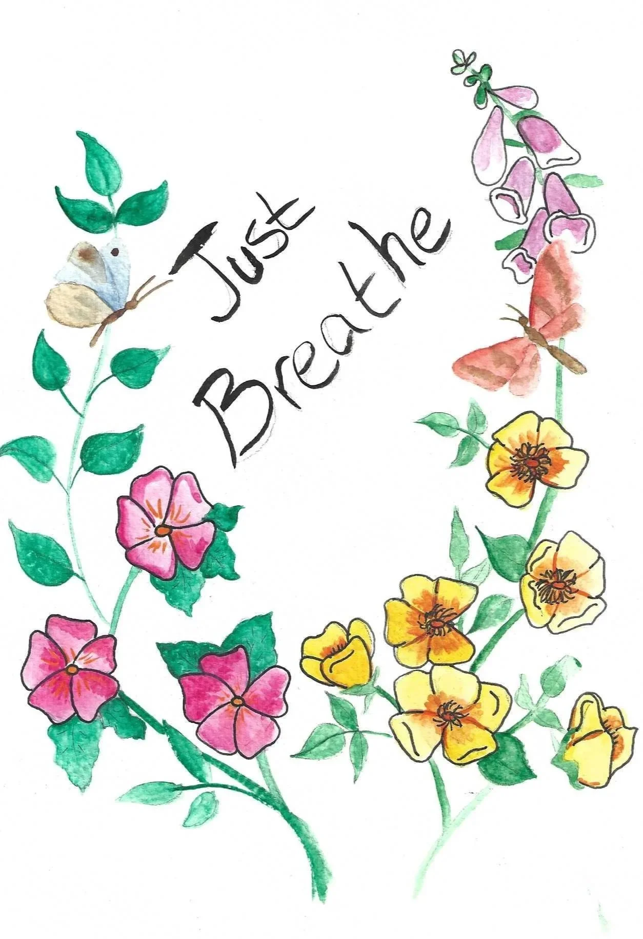 A watercolor illustration of pink and yellow flowers with green leaves, two butterflies, and the text 'Just Breath' in the center.