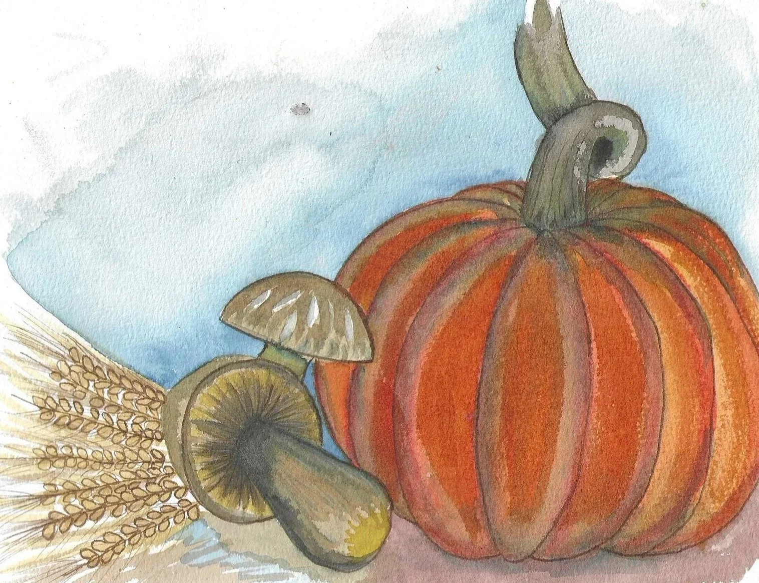 Watercolor painting of a pumpkin surrounded by mushrooms and wheat.