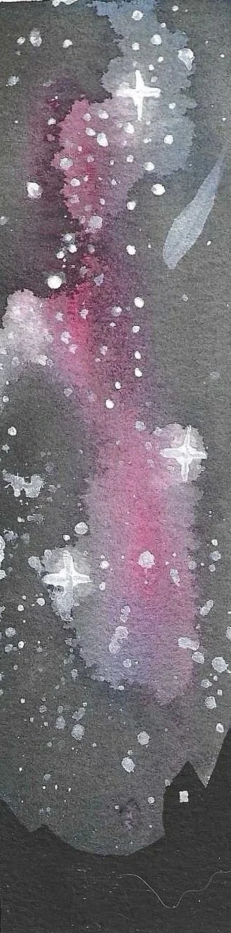 Watercolor painting of a galaxy with a bright cross and stars against a dark background.