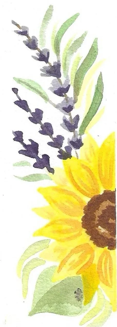 Watercolor painting of a sunflower with yellow petals and a dark brown center, accompanied by lavender sprigs and green leaves.