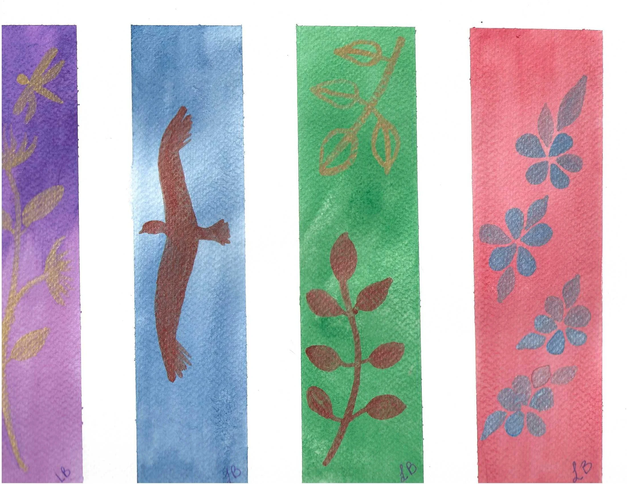 Watercolor painting featuring five vertical strips of pastel colors with botanical designs. The first strip is purple with a gold plant design, the second is blue with a brown bird silhouette, the third is green with a gold leafy branch, the fourth i