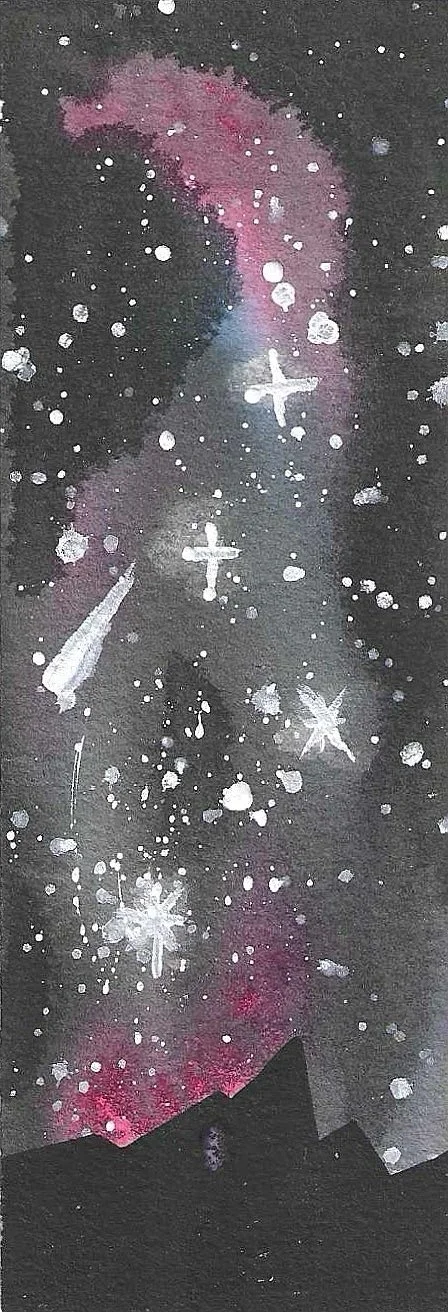 A watercolor painting of a night sky with stars, nebulas, and cosmic elements over a mountain silhouette.