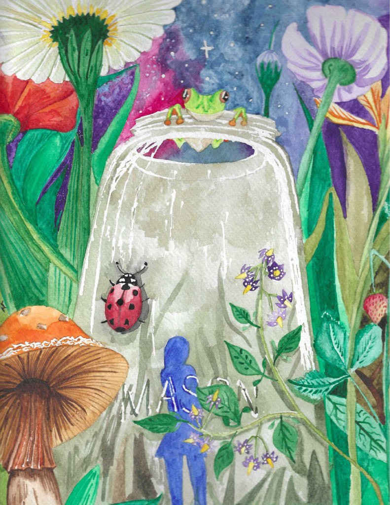 Colorful watercolor illustration of a mason jar in a garden with a fairy, various flowers including daisies, purple and orange blossoms, set against a starry night sky with planets and cosmic colors.