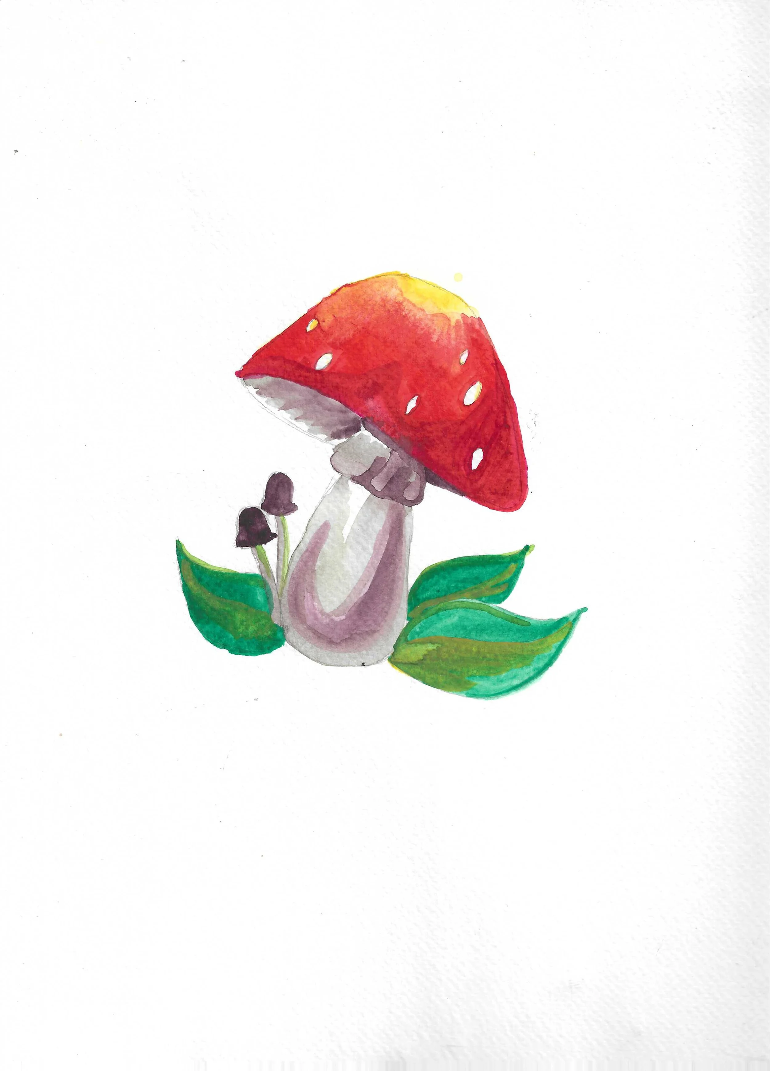 Watercolor painting of a red mushroom with white spots, surrounded by green leaves and small purple mushrooms.