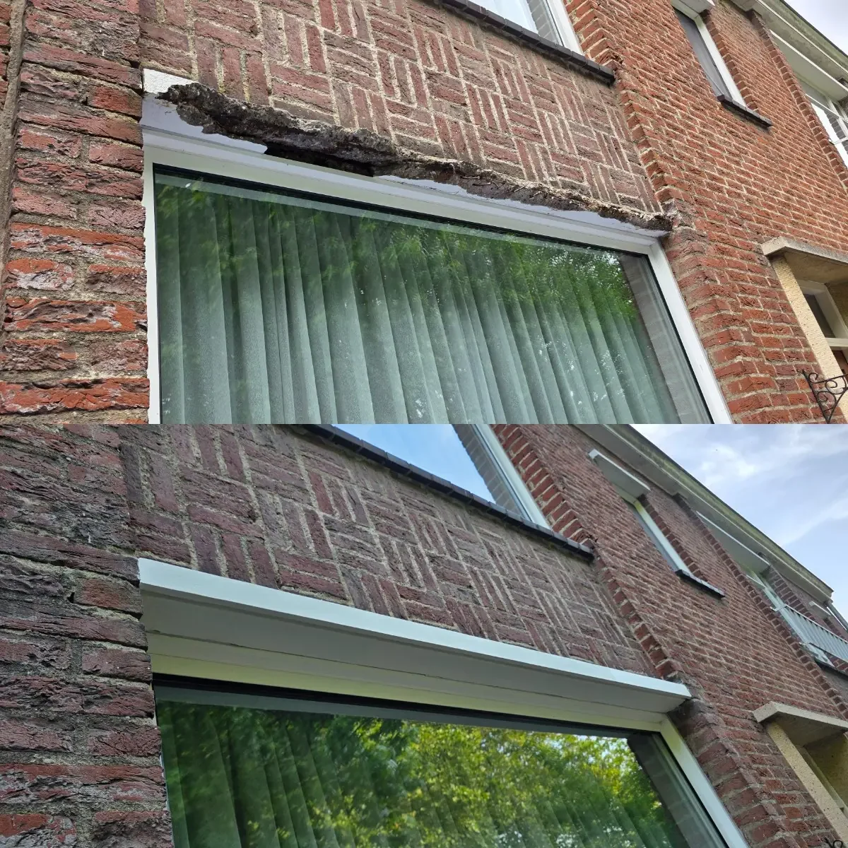 Voor en na betonreparatie aan beschadigde latei boven raam door BudRaf Betonreparatie