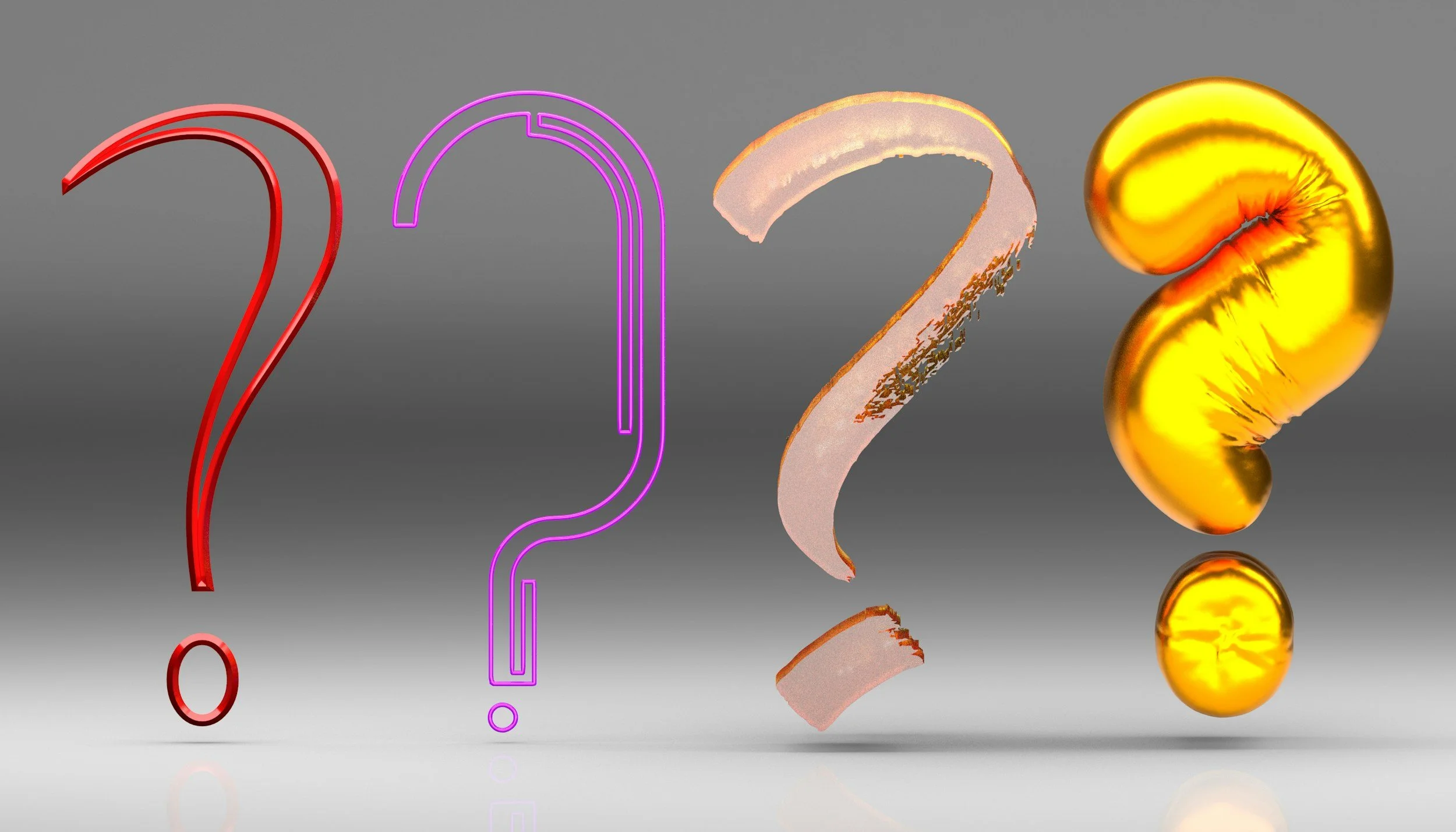 Colorful 3D question marks and an exclamation mark on a gray background, featuring metallic red, neon purple, textured pink, and shiny gold designs.