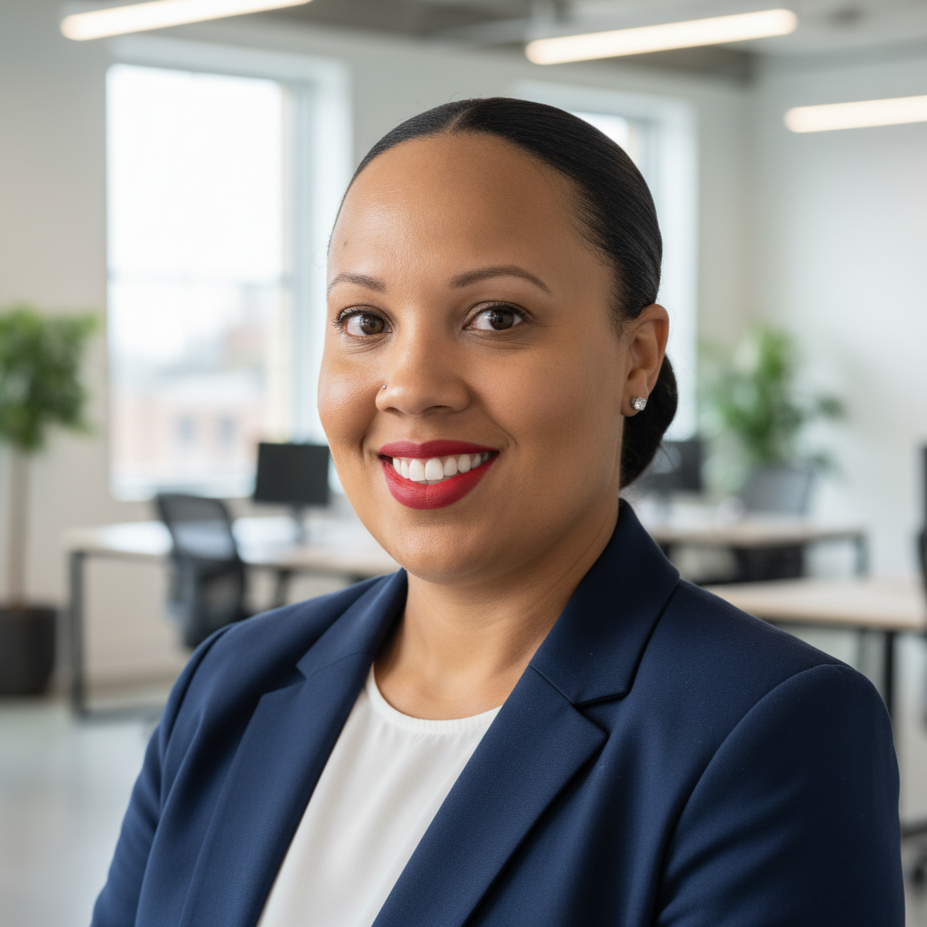 Professional woman with dark hair in a bun, wearing a navy blazer and white blouse, smiling in a modern office with large windows and greenery.