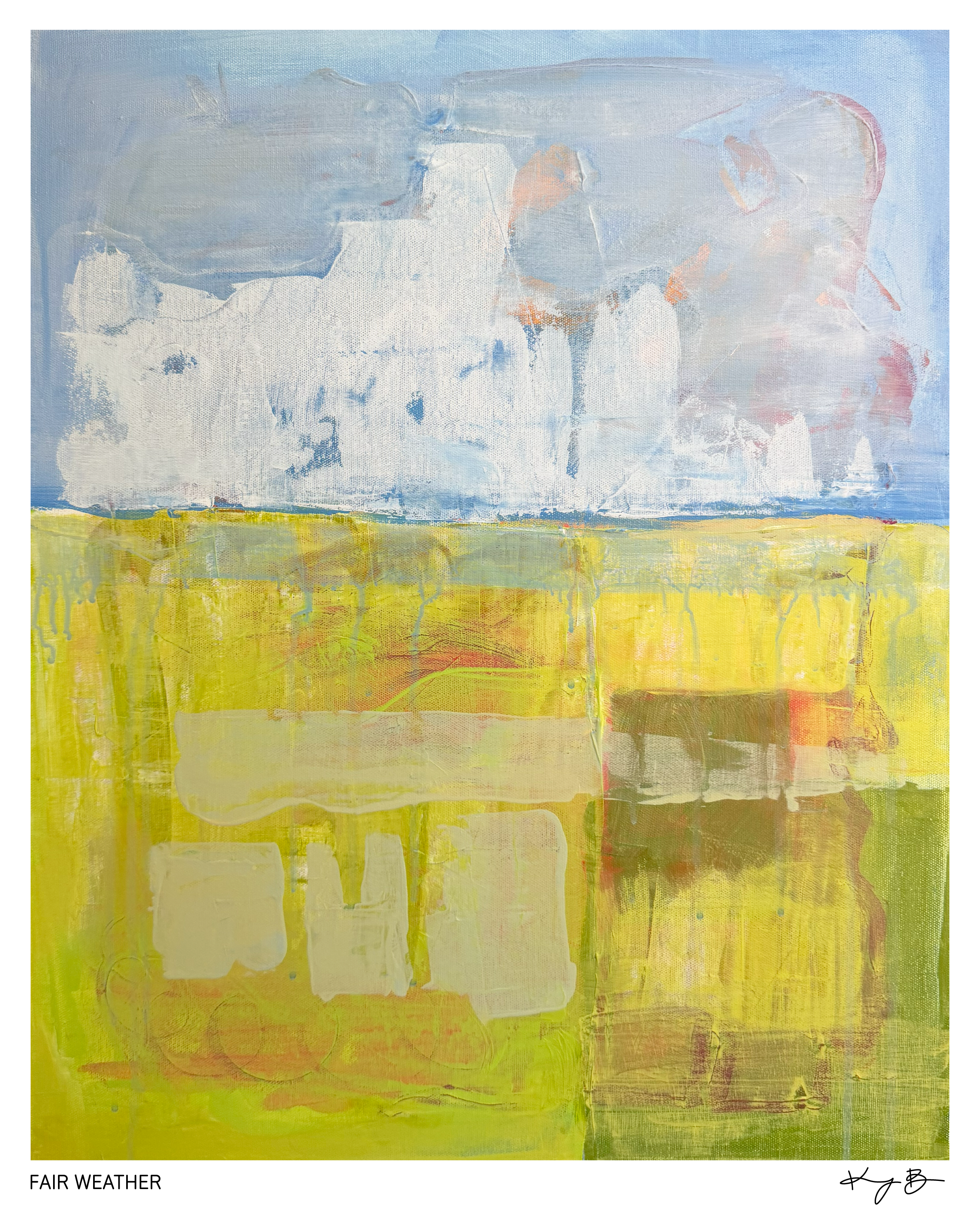 Abstract painting with a light blue sky, white, peach, and pink clouds, and a yellow-green ground, representing fair weather.