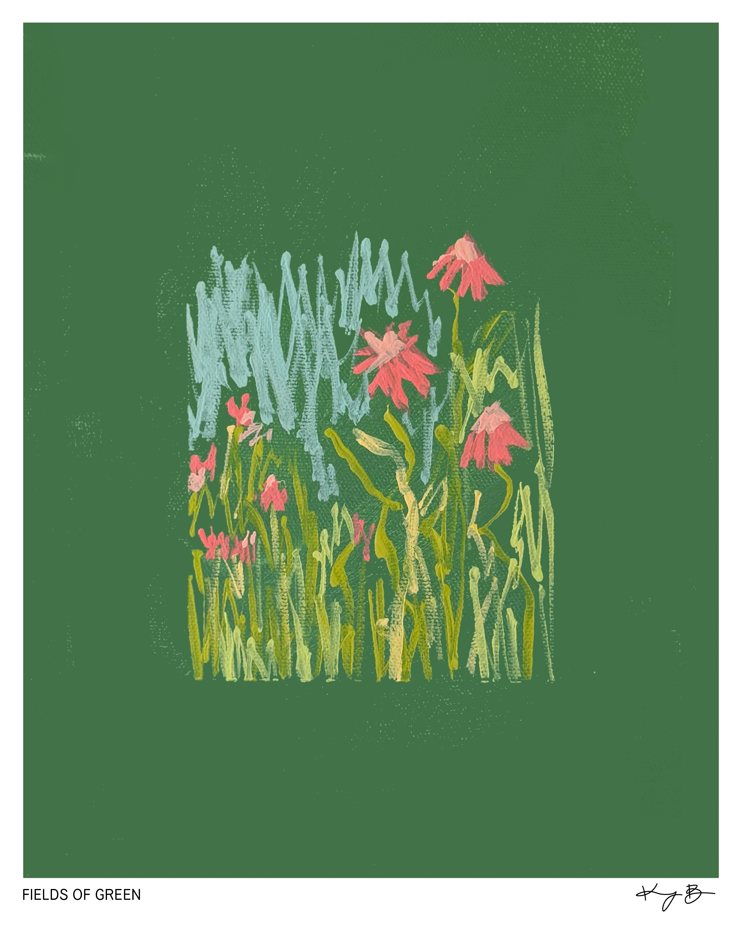 A painting titled 'Fields of Green' depicting lush green fields with pink and green flowers. The bottom right corner has a signature.