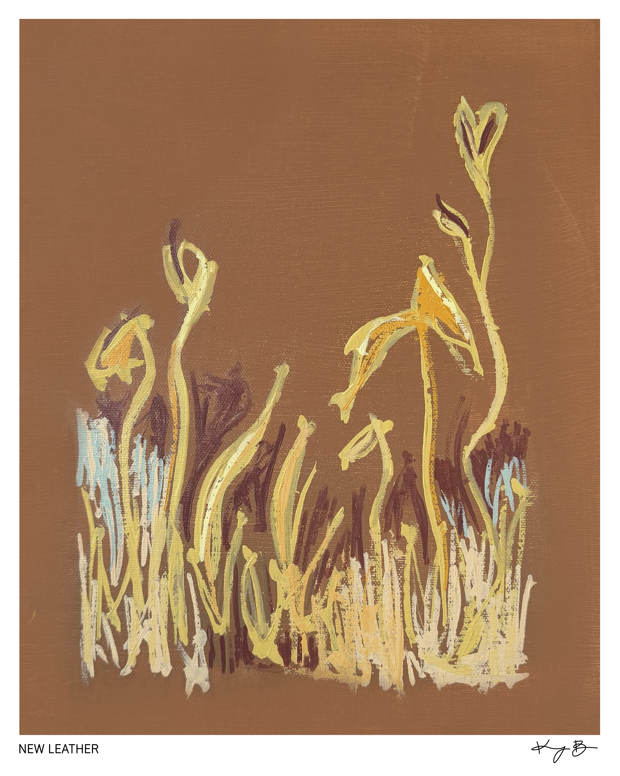 A painting of a stylized flower in yellow and dark purple on a brown background, with text reading 'NEW LEATHER' at the bottom left and a signature at the bottom right.