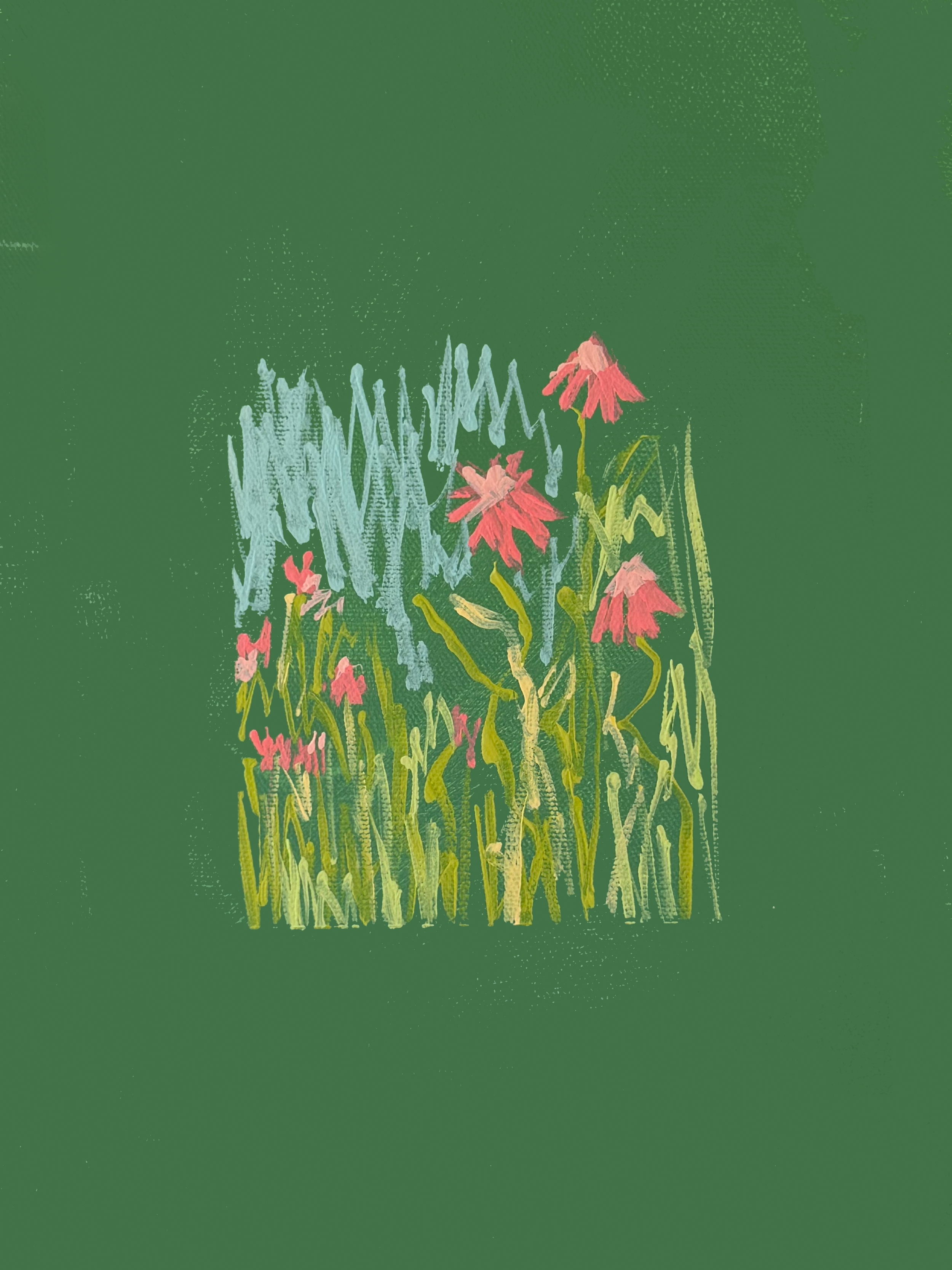 Colorful drawing of pink flowers with green stems and grass on a green background.