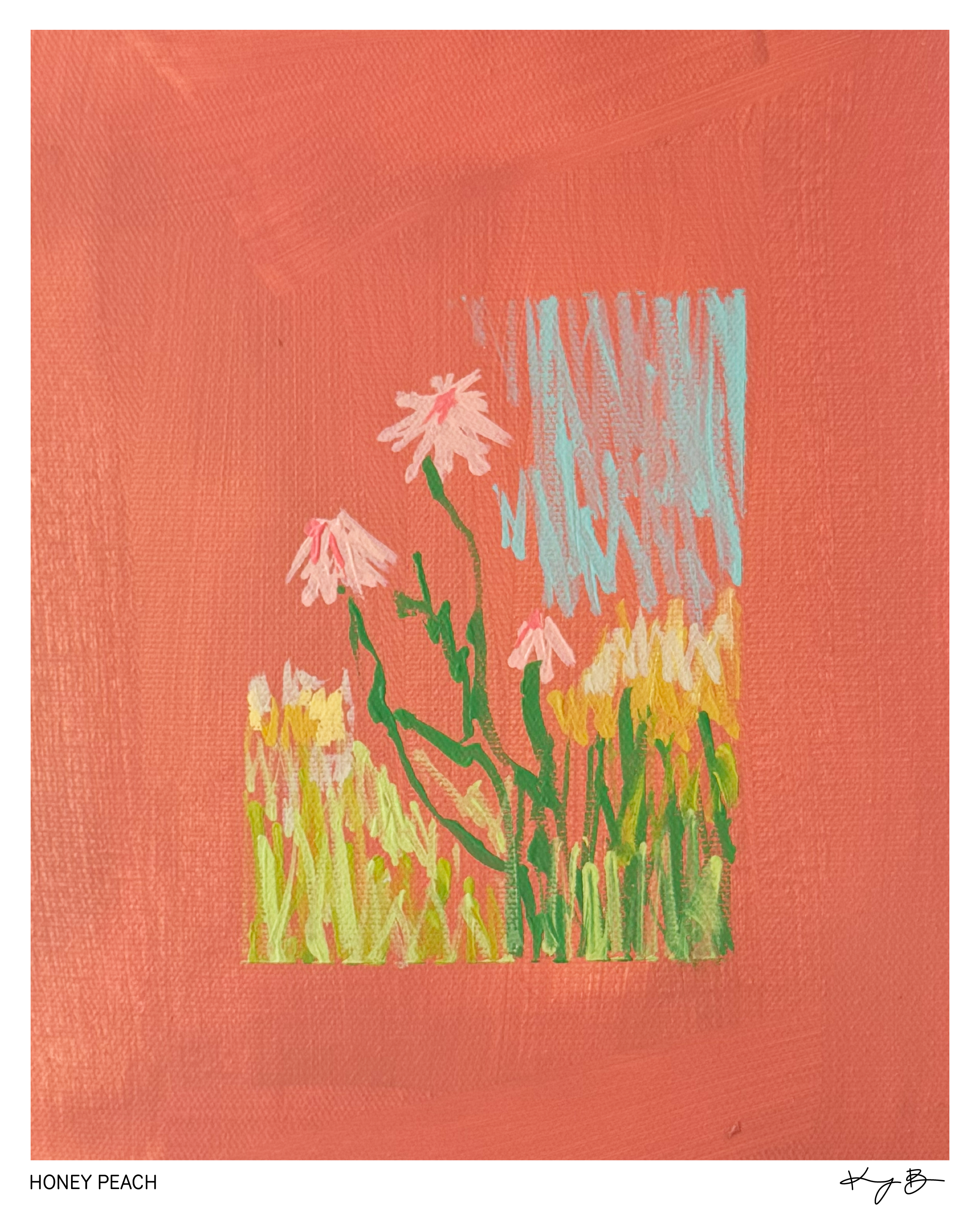 Painting titled 'Honey Peach' depicts a cluster of pink and yellow flowers with green stems and leaves against an orange background.