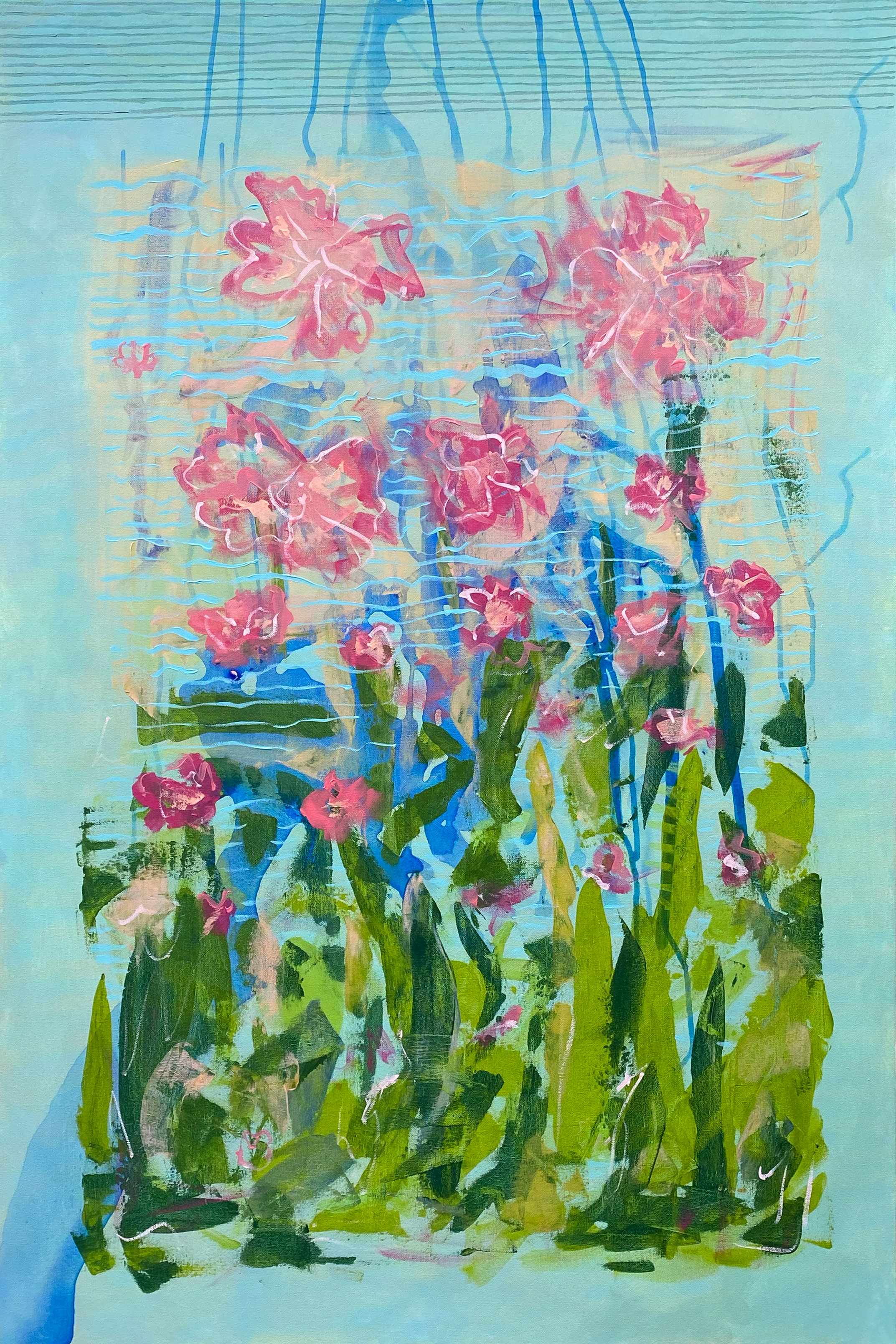 An abstract painting of pink flowers, green stems, and blue, green, and beige background with textured and layered brushstrokes.