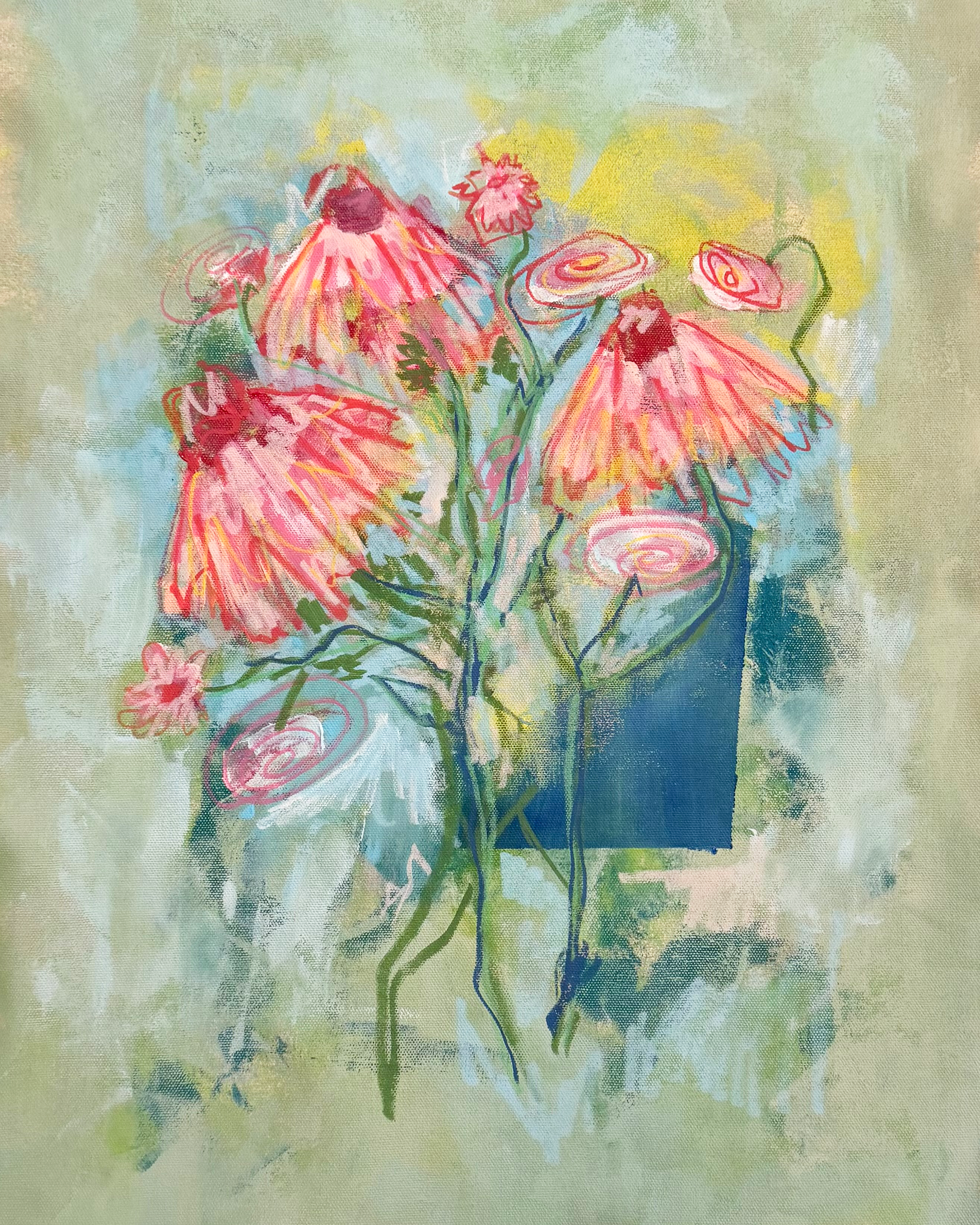 Abstract watercolor painting of pink flowers with green stems on a muted, textured background.