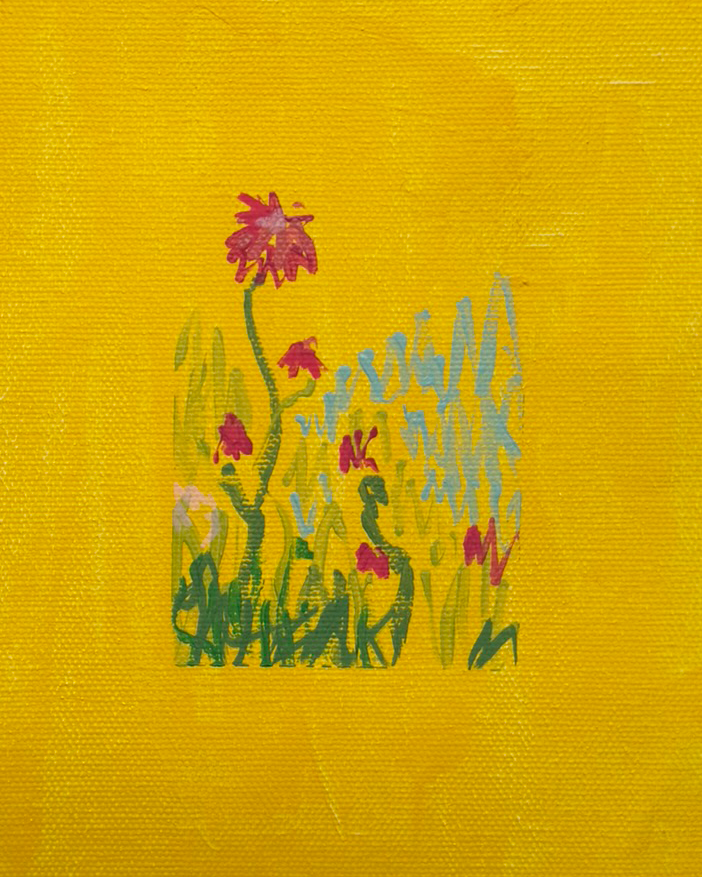 Abstract painting with pink flowers, green stems, and blue and green grass on a yellow background.