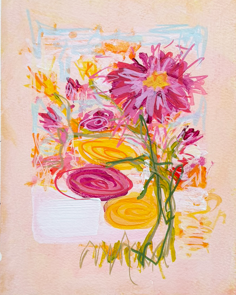 Abstract watercolor painting of pink and purple flowers with yellow centers and green stems, featuring swirling shapes and loose brushstrokes on a light pink background.