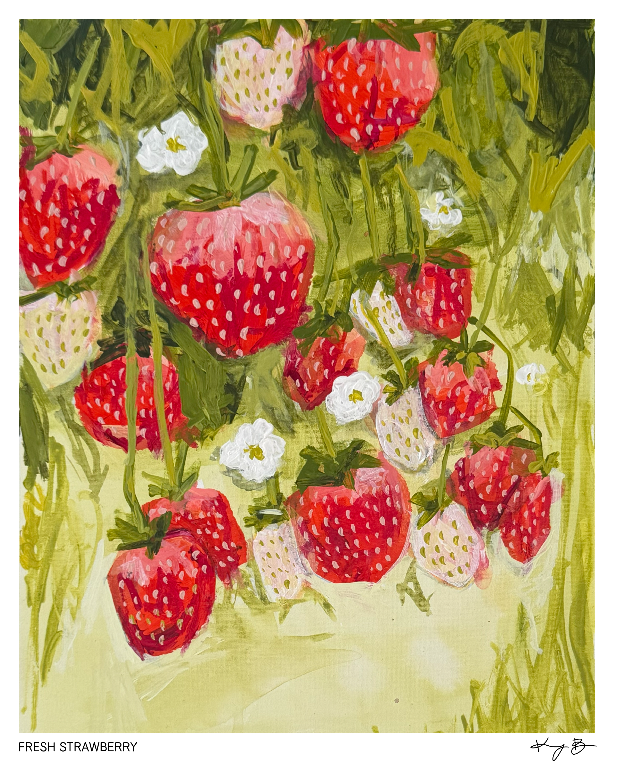 Painting of ripe strawberries with green stems and white flowers on a green background.