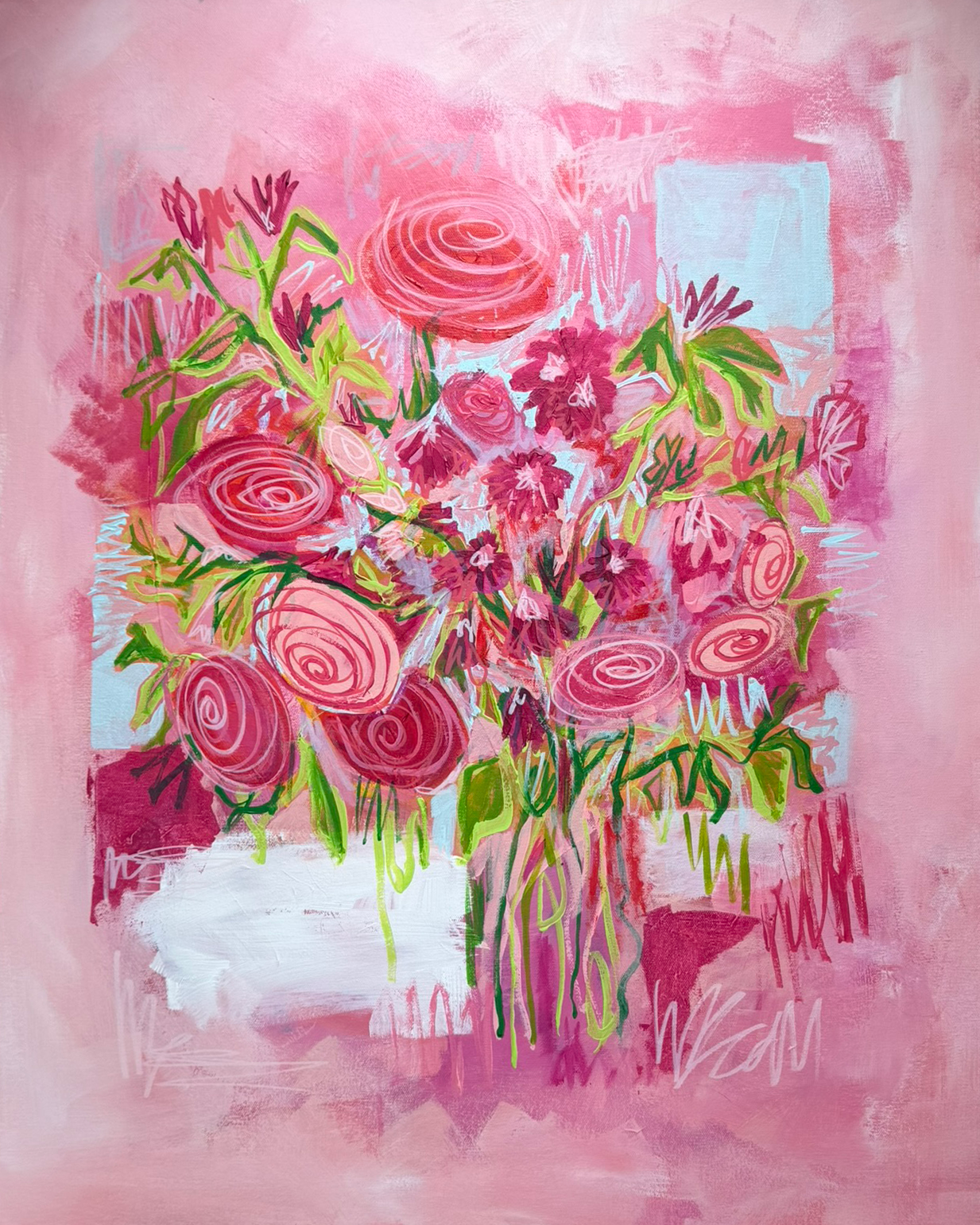 Abstract pink floral painting with a bouquet of pink and purple flowers in a vase against a pink background.