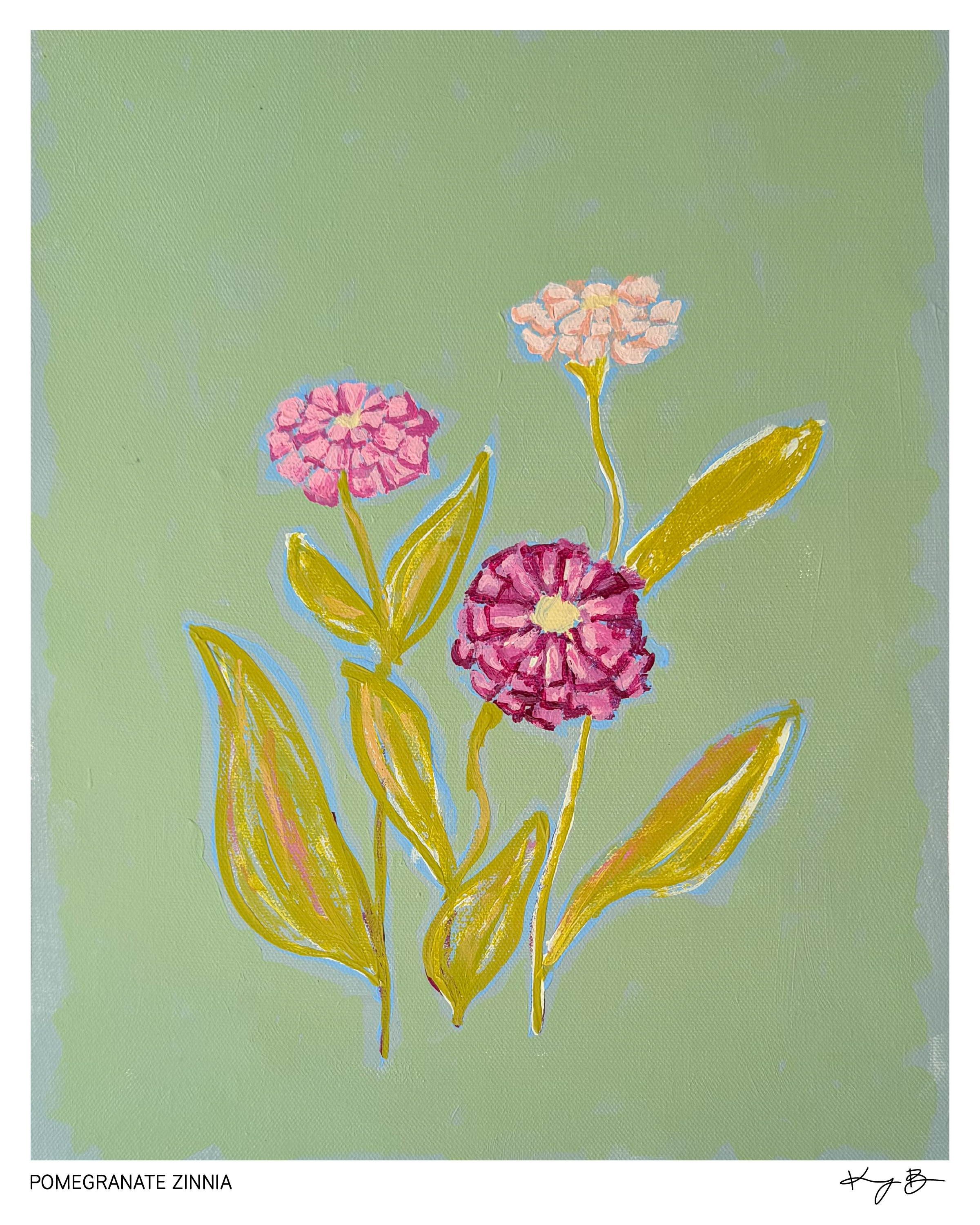 Painting of pink pomegranate zinnia flowers with yellow centers and green leaves on a light green background.