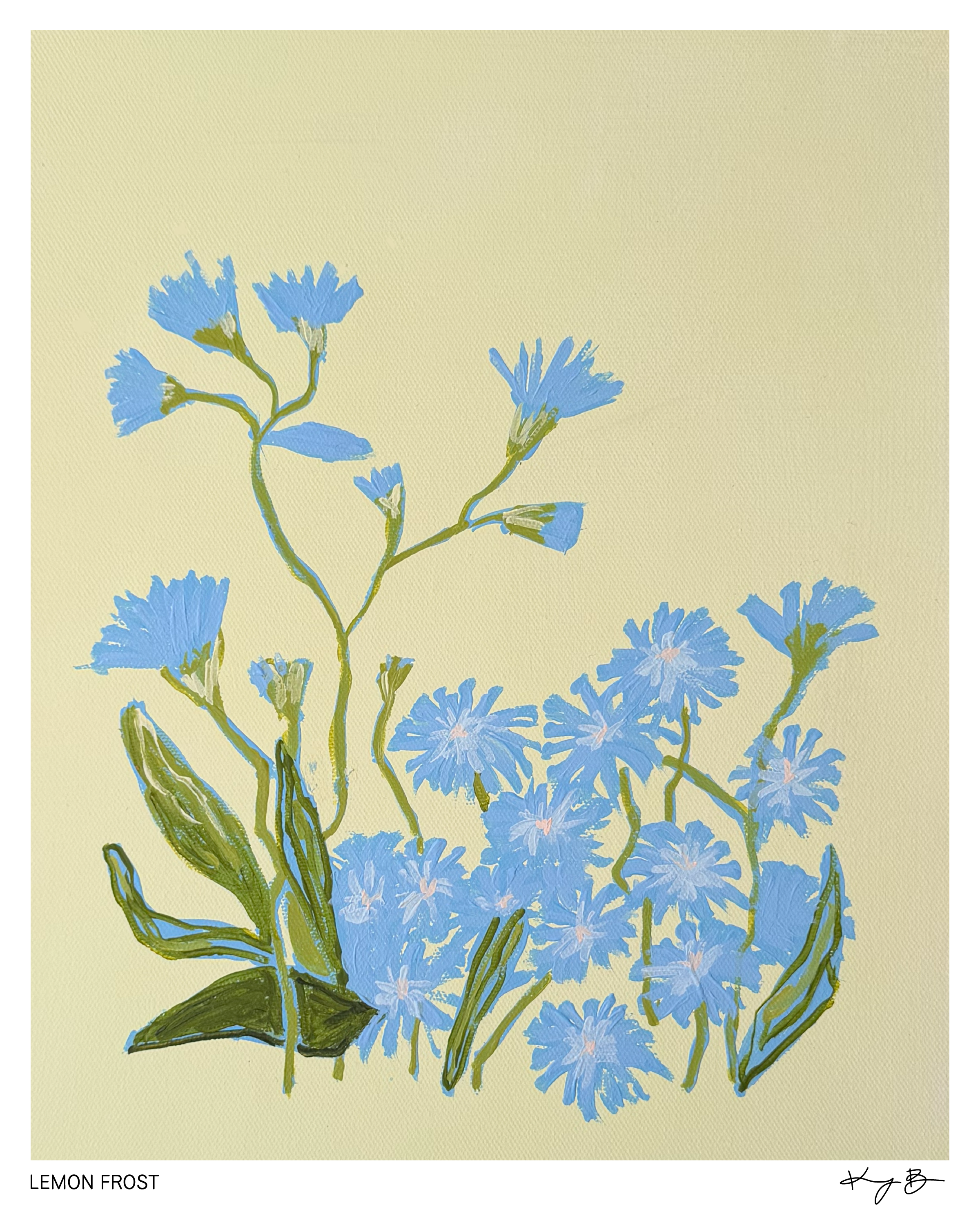 Painted illustration of blue lemon frost flowers with green stems on a pale yellow background, signed by artist in the bottom right corner.