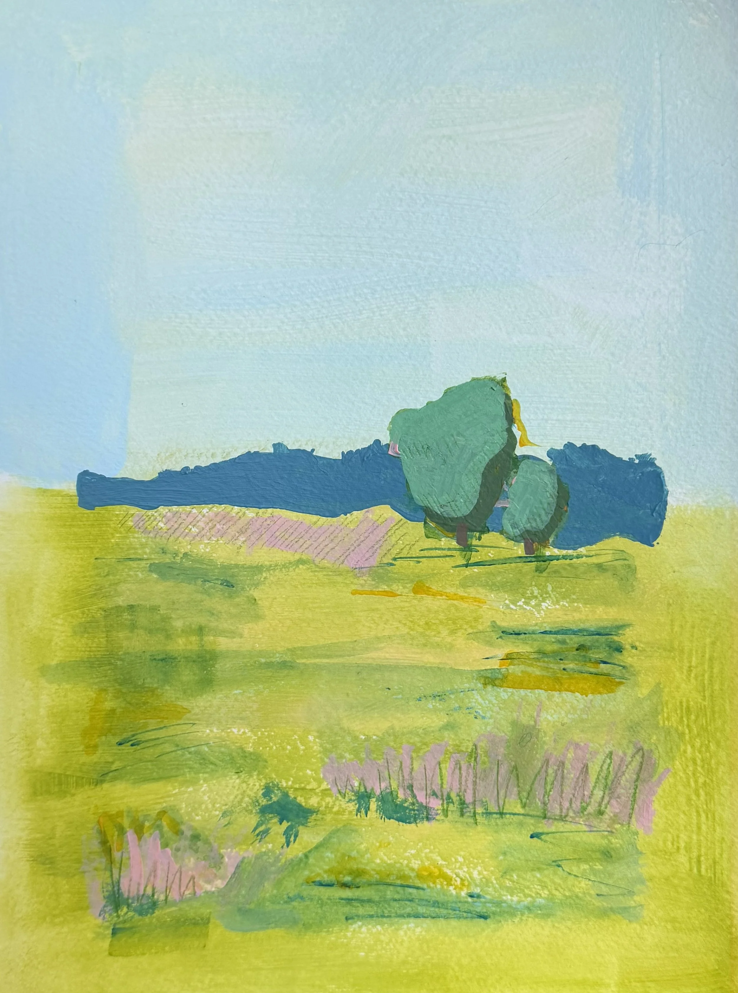A colorful landscape painting featuring a blue lake, green trees, and a bright sky.