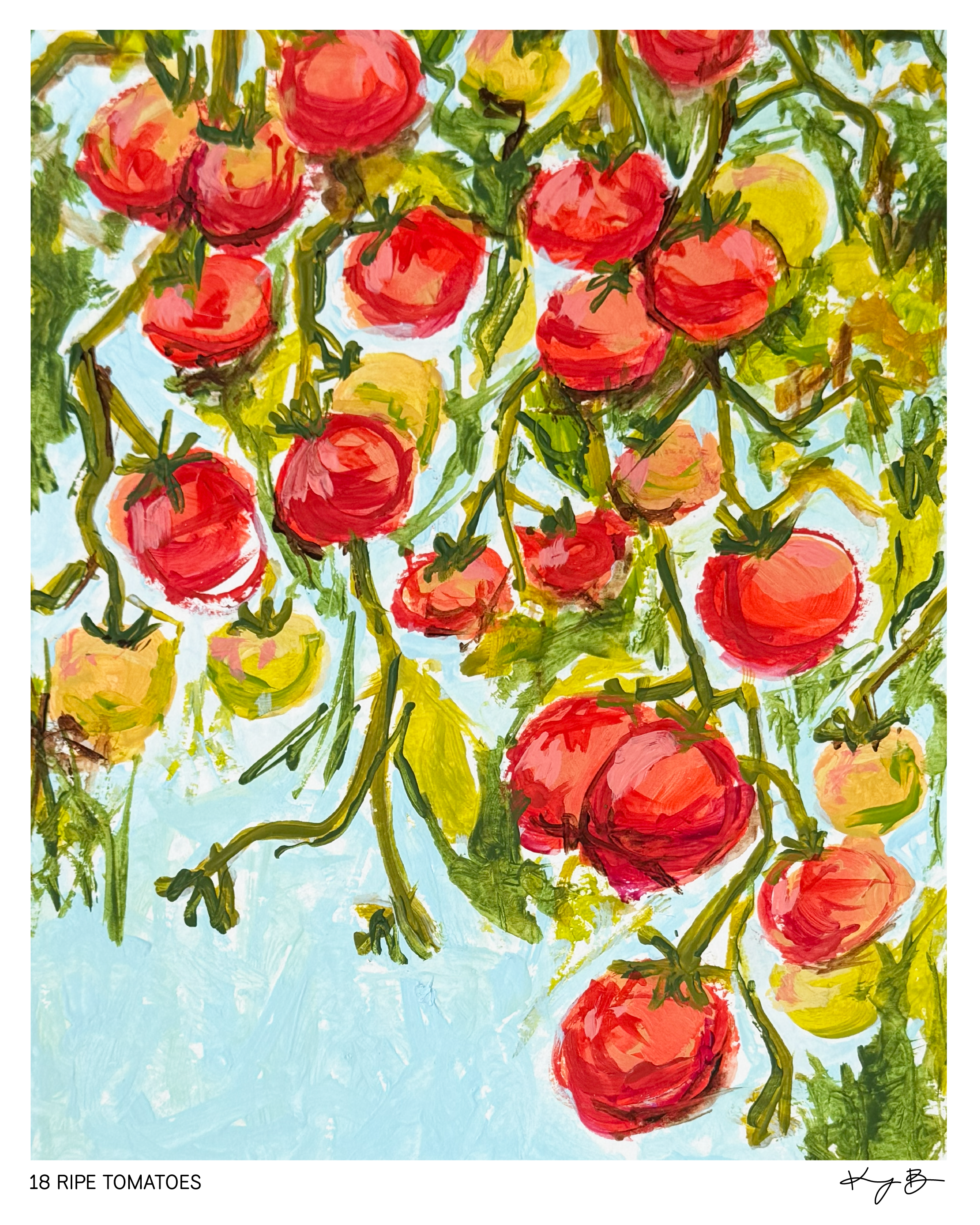 A colorful painting of 18 ripe tomatoes on green vine, set against a light blue background.