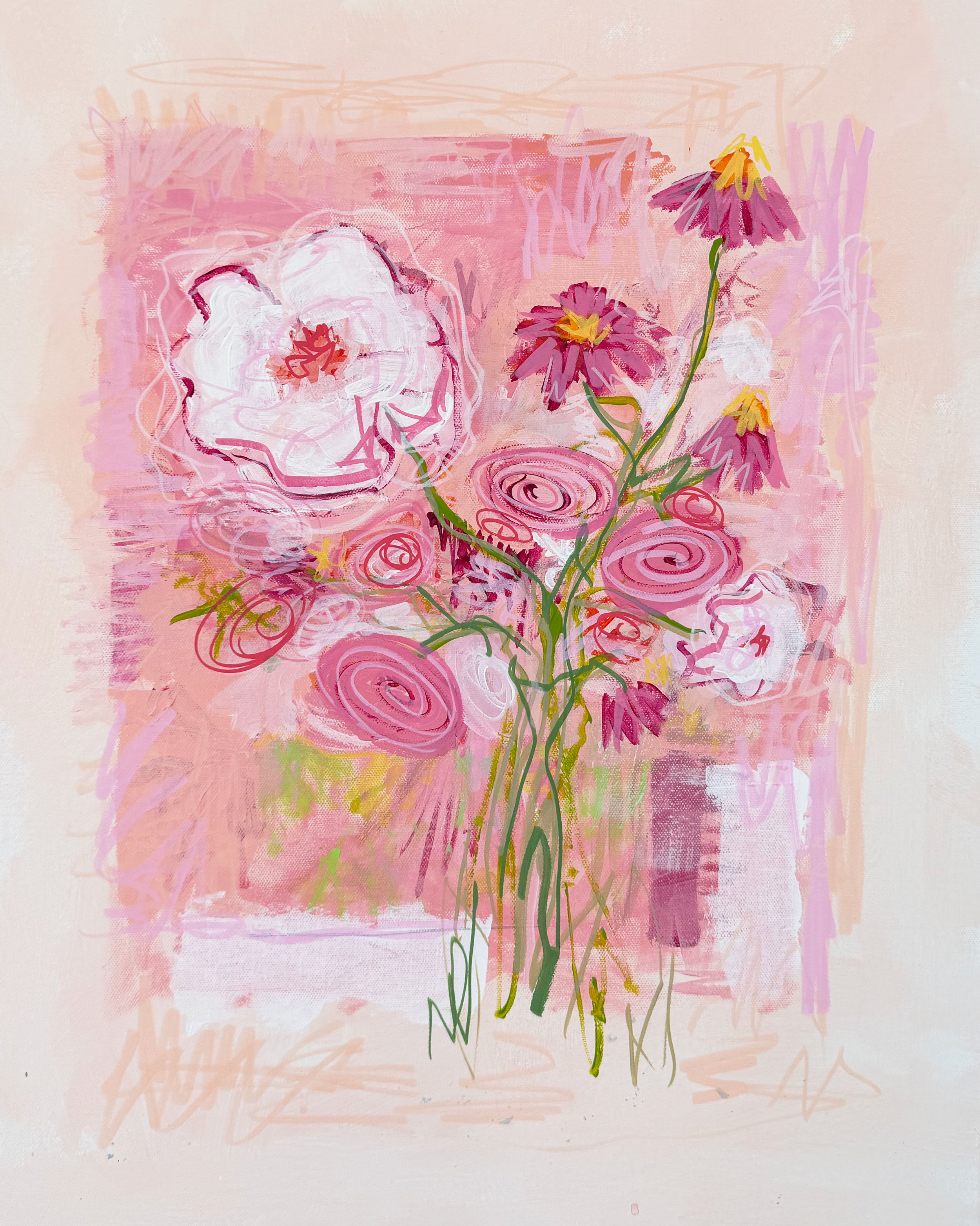 An abstract pink background with painted flowers, including a large white flower, pink and purple blooms, and green stems, created with loose brushstrokes and pastel colors.