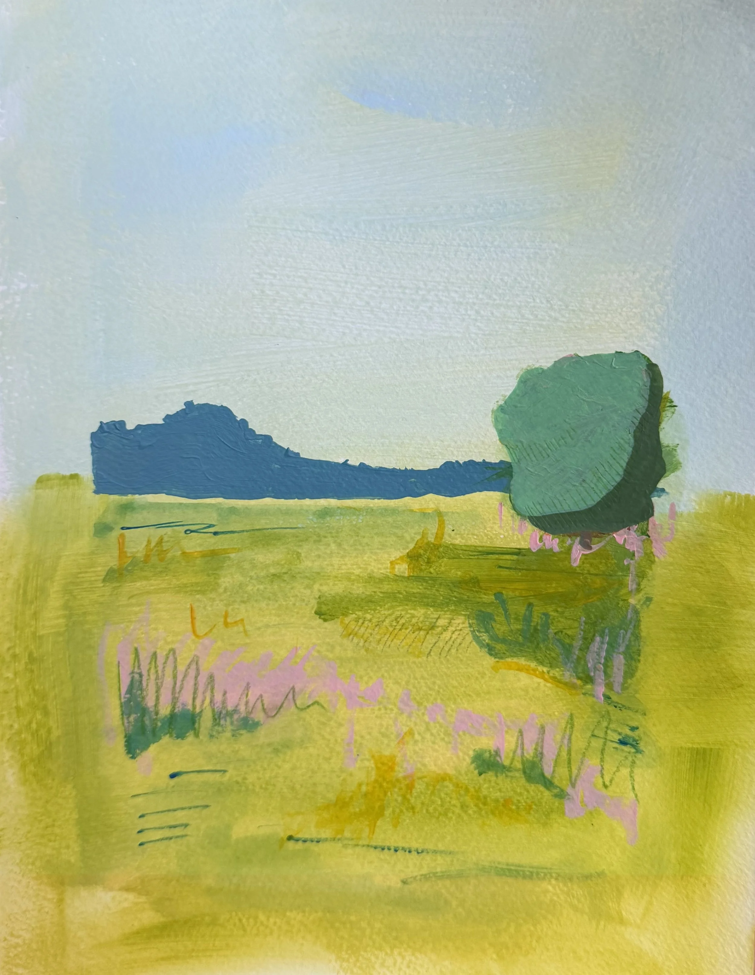 A landscape painting of a green tree, blue mountain, and yellow field with pink flowers, under a cloudy sky.