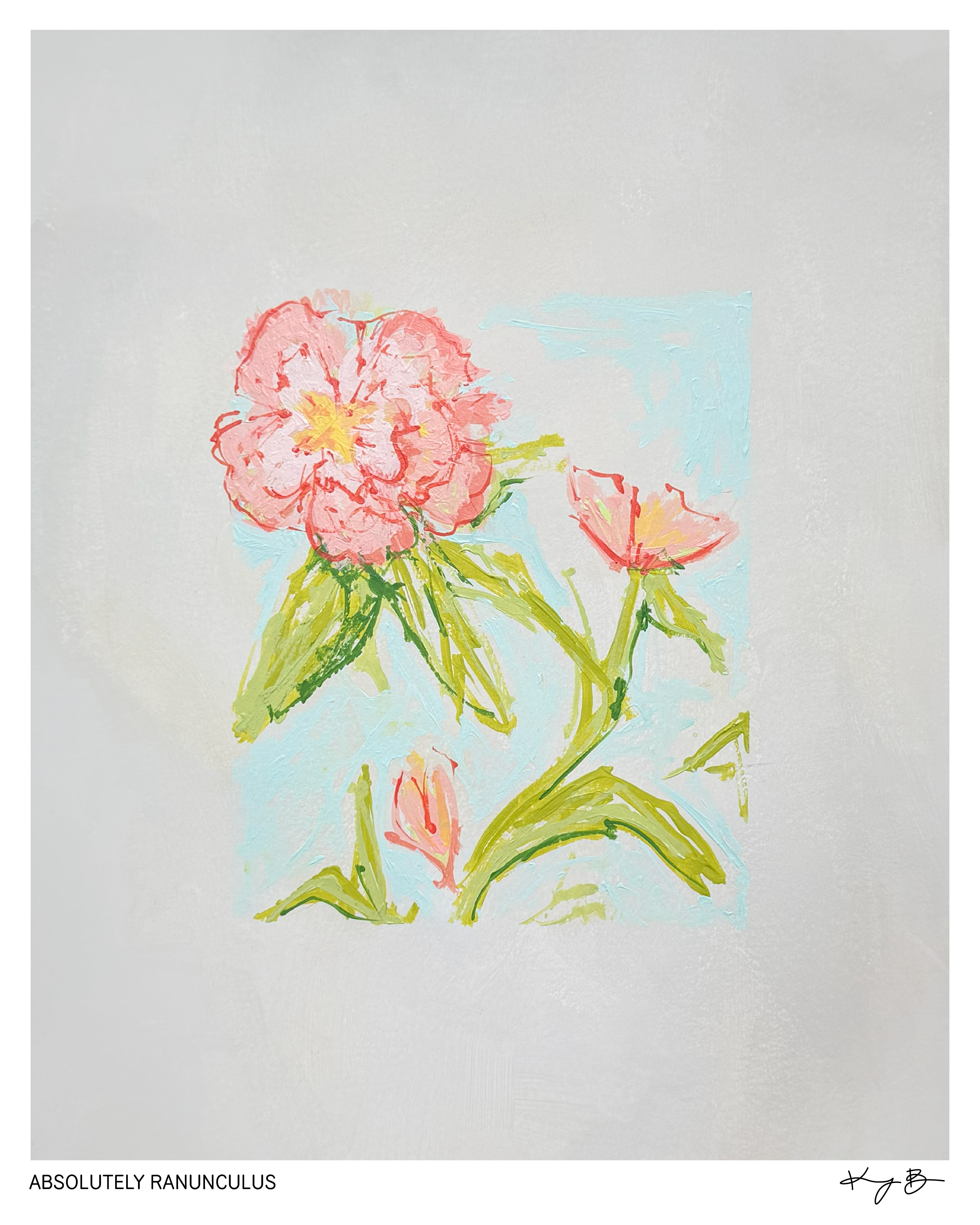 A watercolor painting of a pink flower with yellow details and green leaves, with a blue background on a light grey canvas.