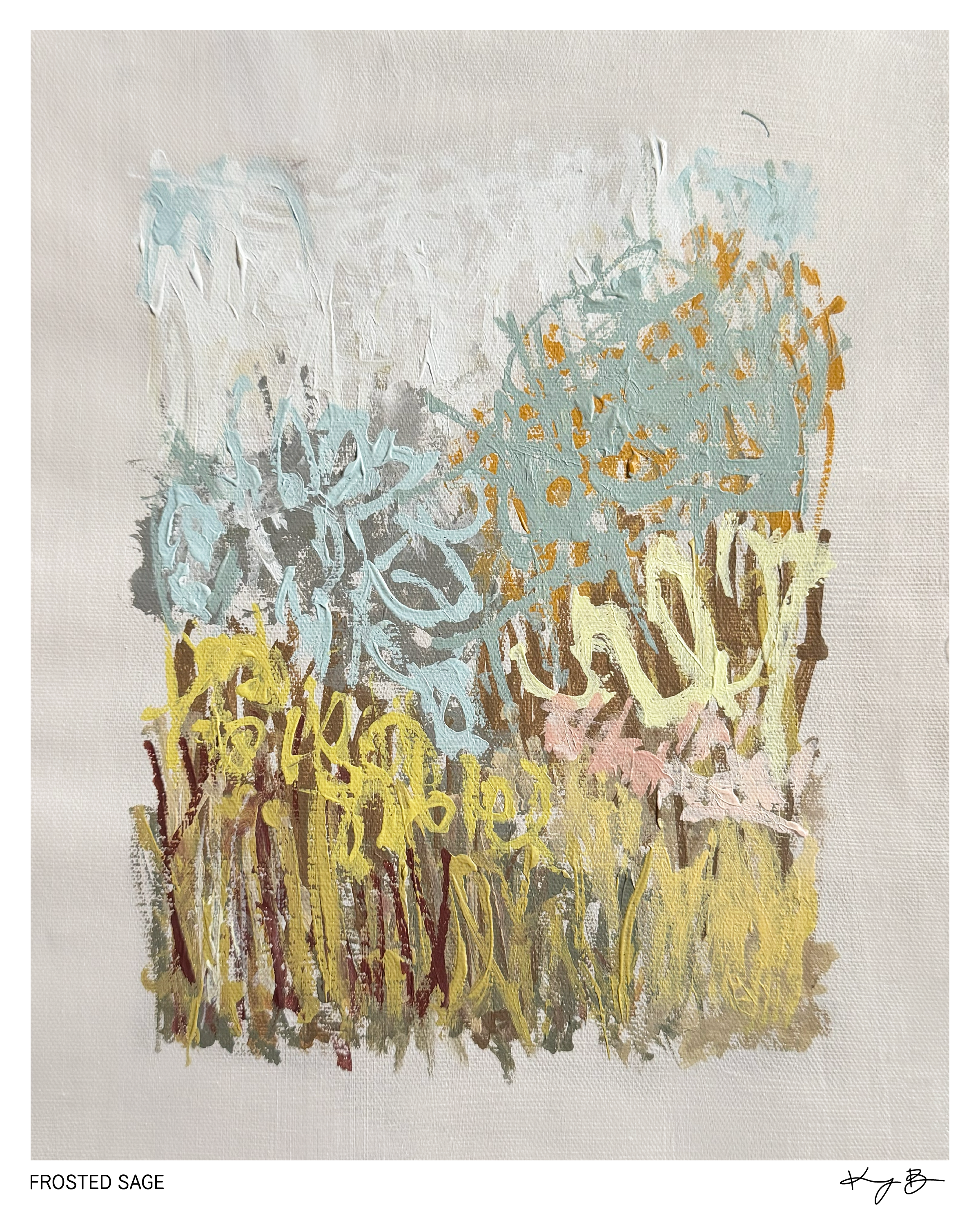 Abstract painting titled 'Frosted Sage' featuring textured brushstrokes in shades of blue, yellow, brown, gray, and hints of pink with a signature at the bottom right corner.