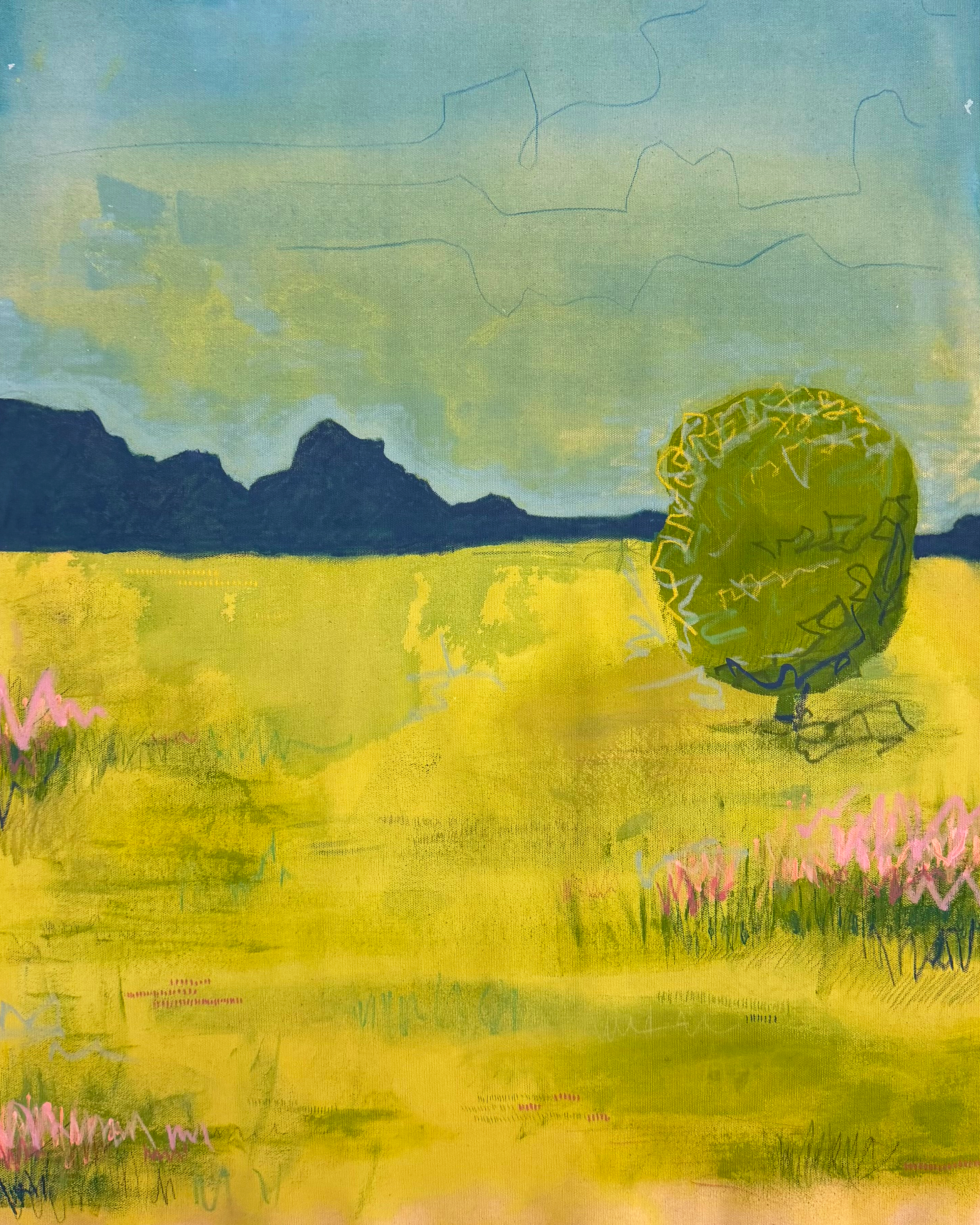 Abstract landscape painting featuring mountains, a yellow field, and a glowing spherical object with abstract lines and text around it.