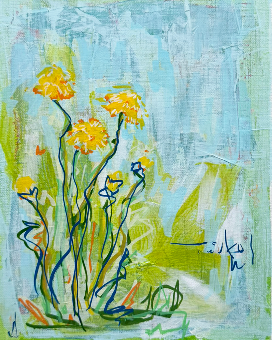 Abstract painting of a plant with yellow flowers and blue stems on a background of green, blue, and white brushstrokes.