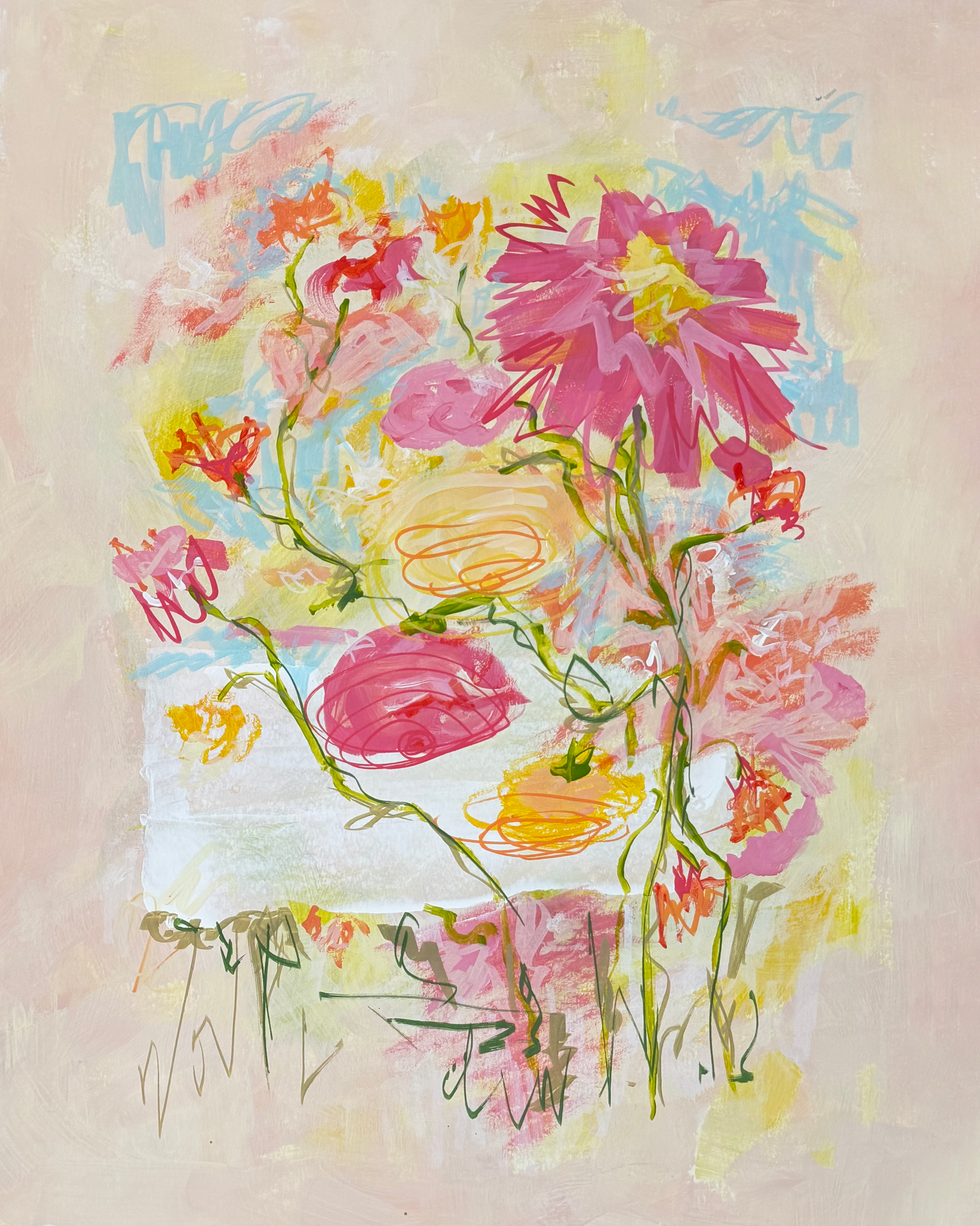 A colorful abstract painting of pink, red, yellow, blue, and green floral shapes and scribbles on a light background.