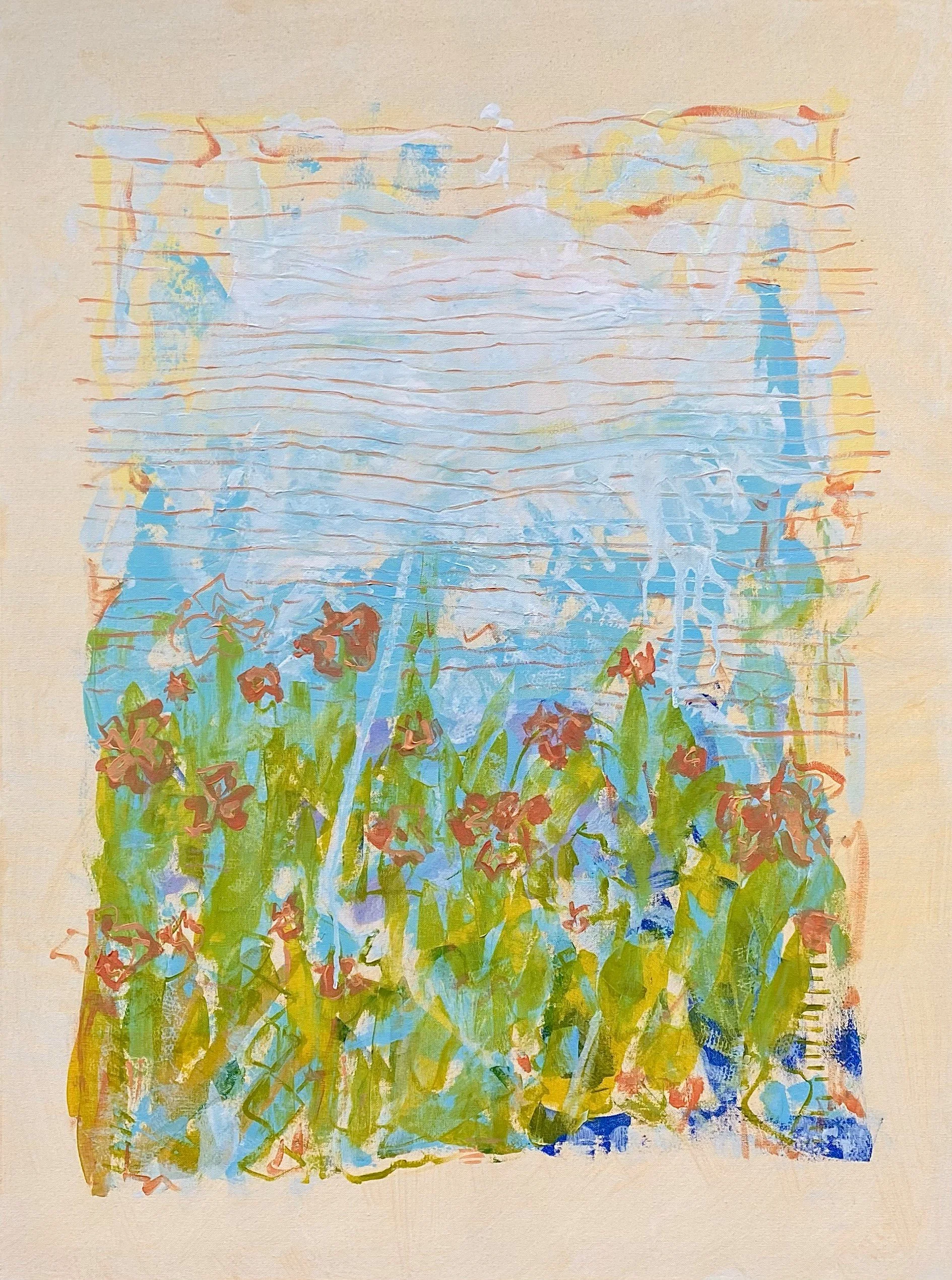 Abstract watercolor painting with pastel colors and floral elements.
