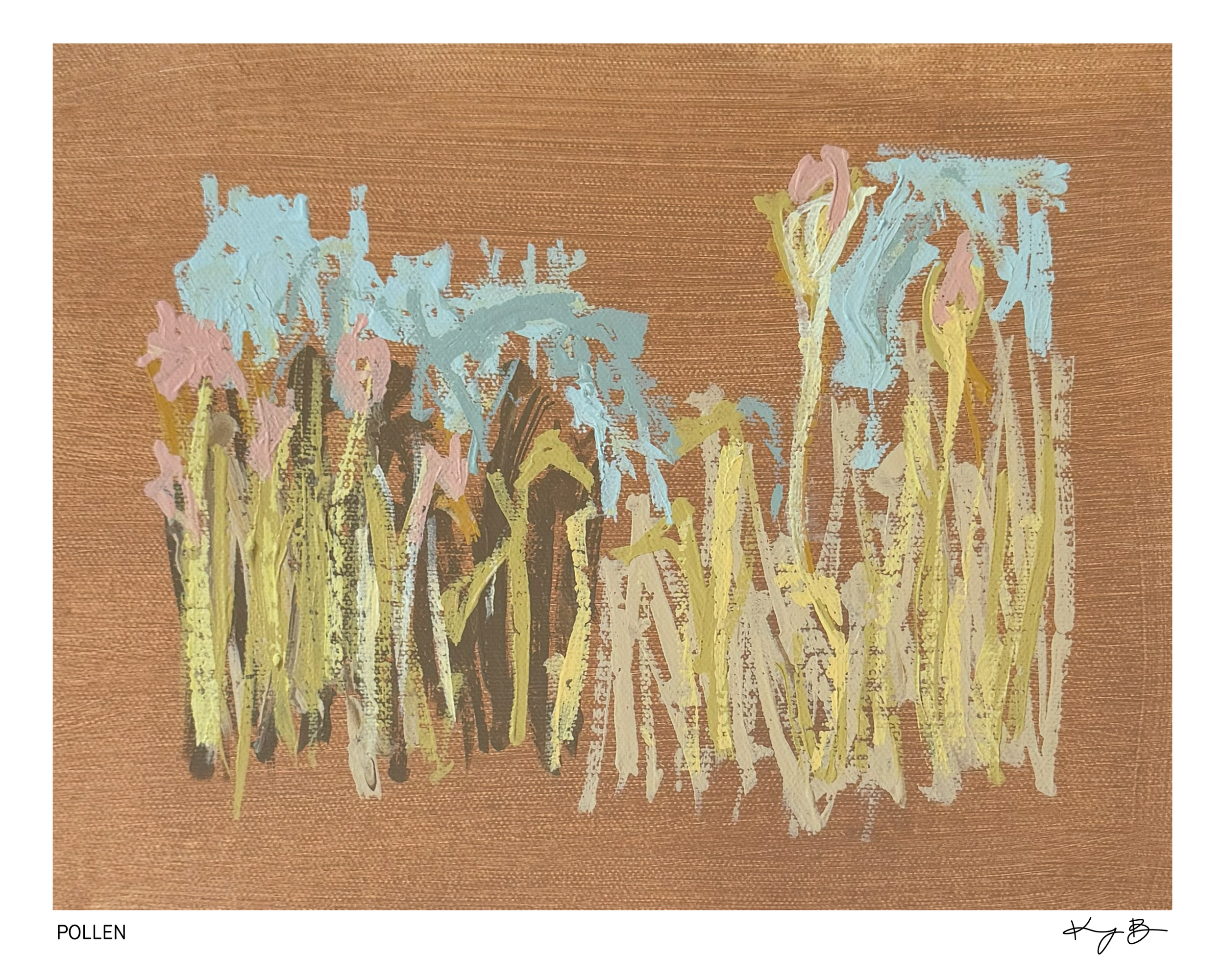 Digital painting of pollen with yellow, pink, and blue hues on a textured brown background, labeled 'POLLEN' in the bottom left corner.