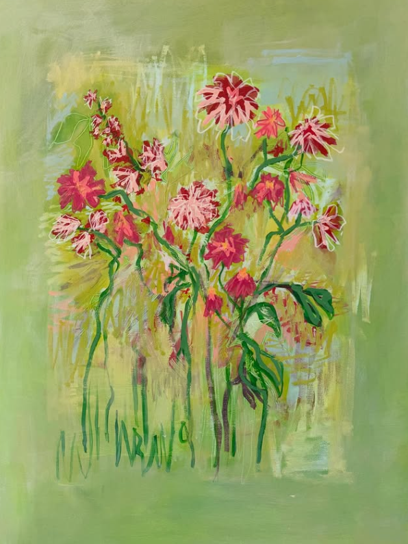 Colorful flowering plant with pink and red blossoms on green stems and leaves, painted with a light green background.