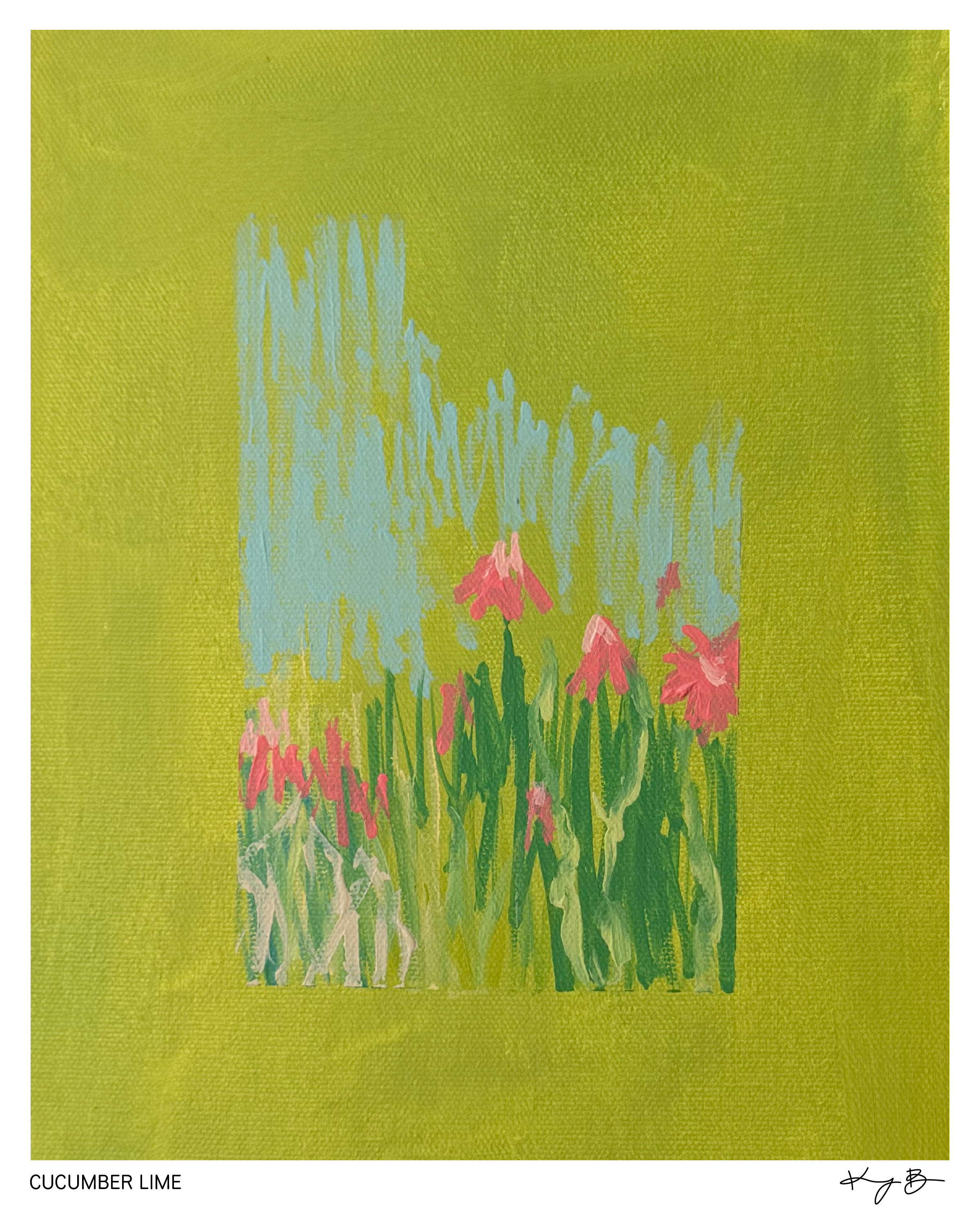 Painting of cucumber lime with pink flowers and green leaves on a green background.