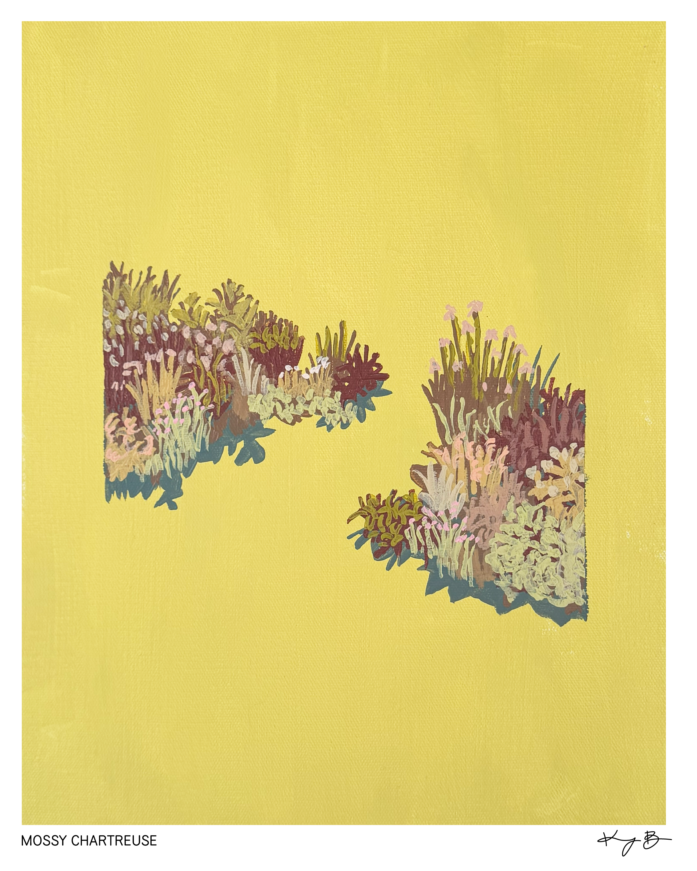 Digital illustration of a cluster of mossy, chartreuse-colored plants with pink and white flowers against a yellow background.