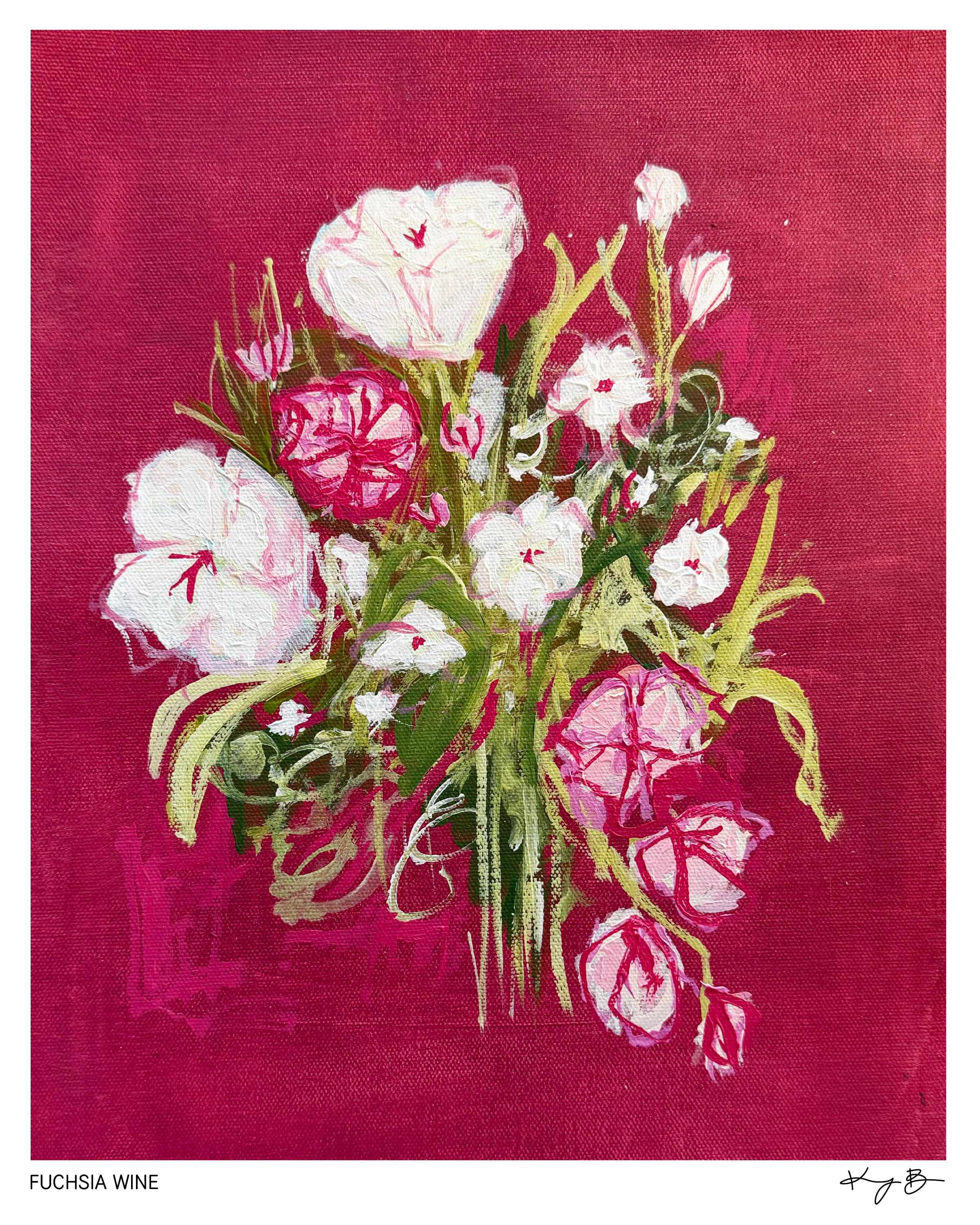 A painting of a bouquet of pink and white flowers with green stems against a deep burgundy background, labeled "Fuchsia Wine."