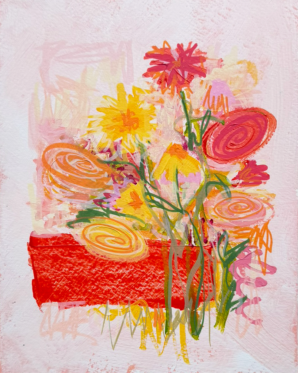A colorful abstract painting of a bouquet of flowers in a vase with pink, yellow, orange, and red blooms, on a pink background.