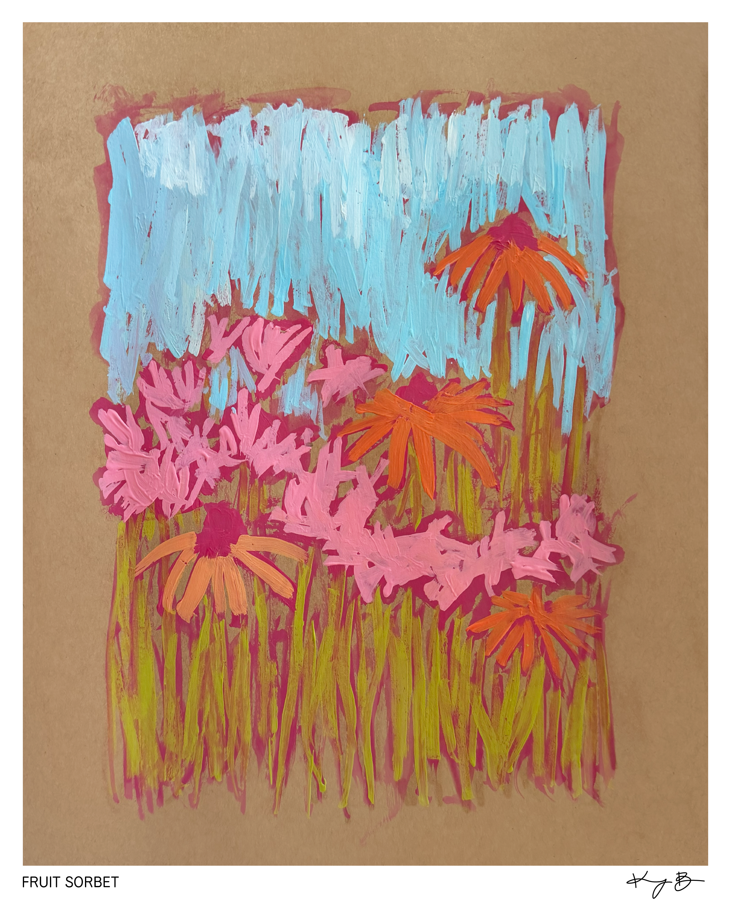 Handmade fruit sorbet artwork on brown paper with bright colors including pink, orange, and blue, depicting abstract fruit shapes and textures.