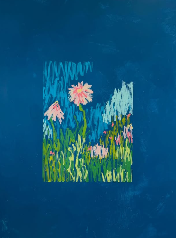 Colorful drawing of pink and white flowers and green grass on a blue background.
