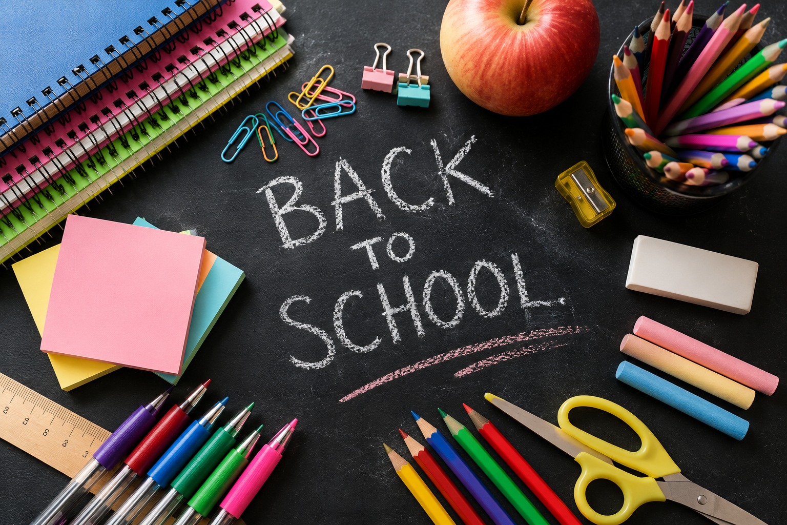Back to school supplies on a blackboard, including notebooks, colored papers, pens, pencils, scissors, glue, paper clips, an eraser, a ruler, a yellow pencil sharpener, an apple, and a cup of colored pencils with the words 'Back to School' written in chalk.
