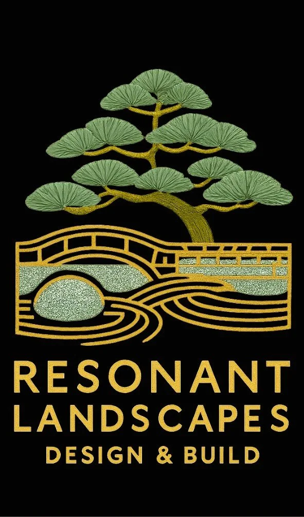 Logo with stylized tree, bridge, and landscape in gold and green on black background, with text 'Resonant Landscapes Design & Build'.