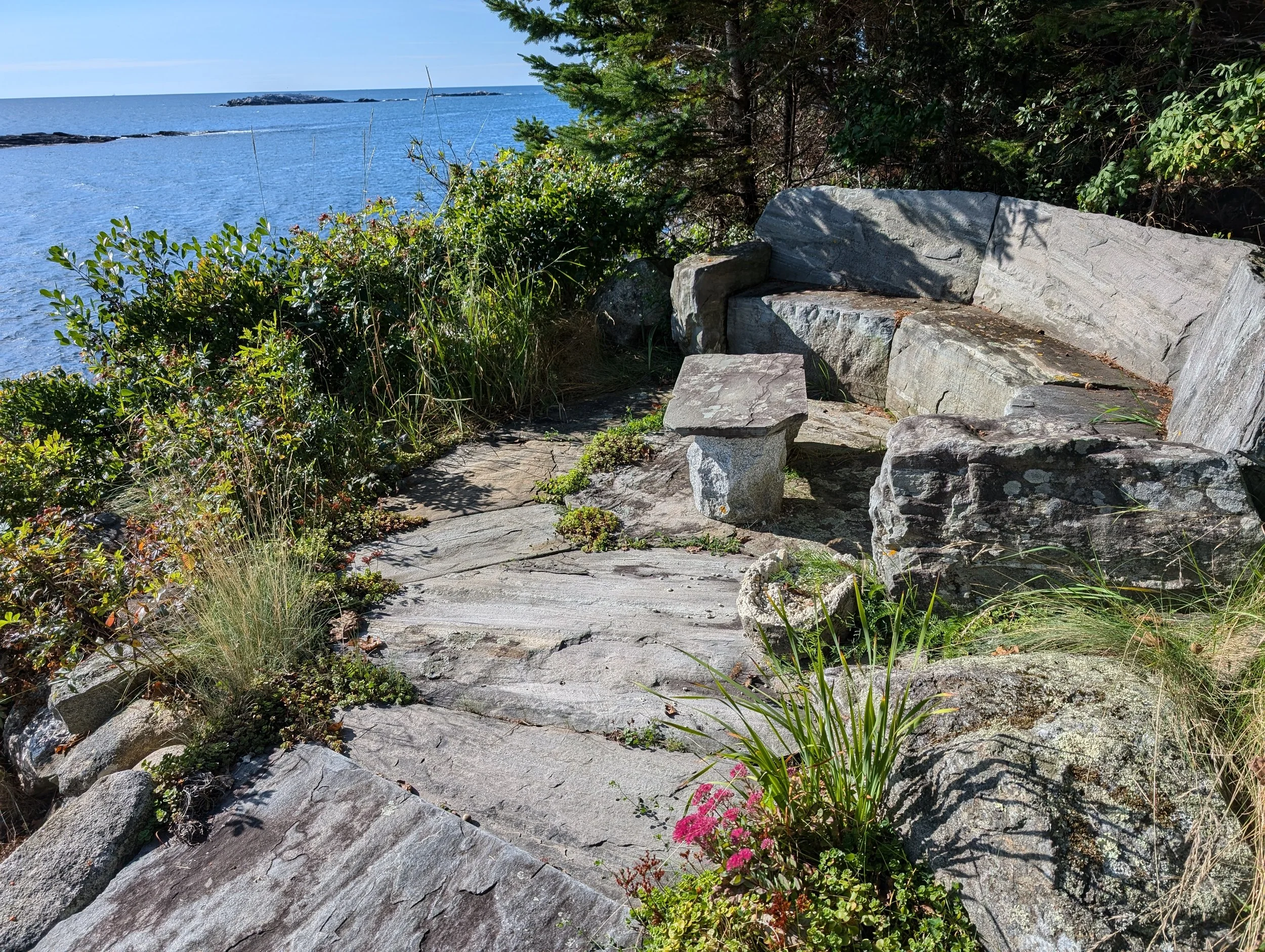 Large grey rocks and greenery along a coastline with the ocean in the background on a sunny day.