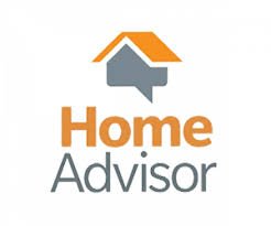 Logo for Home Advisor with an orange house roof and a gray speech bubble, and the words 'Home Advisor' beneath.