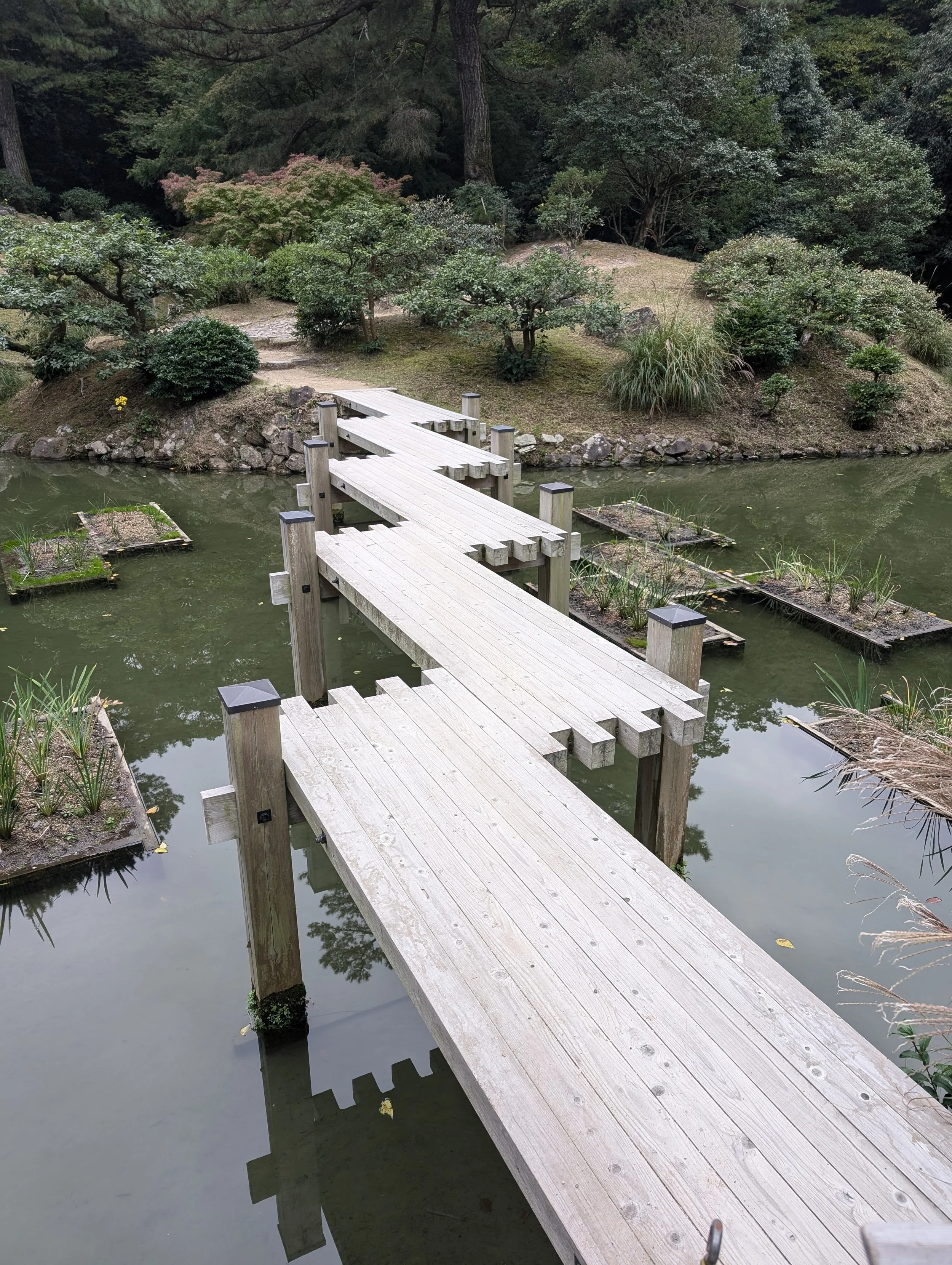 A small wooden footbridge over a pond in a garden with lush green trees and shrubs in the background.